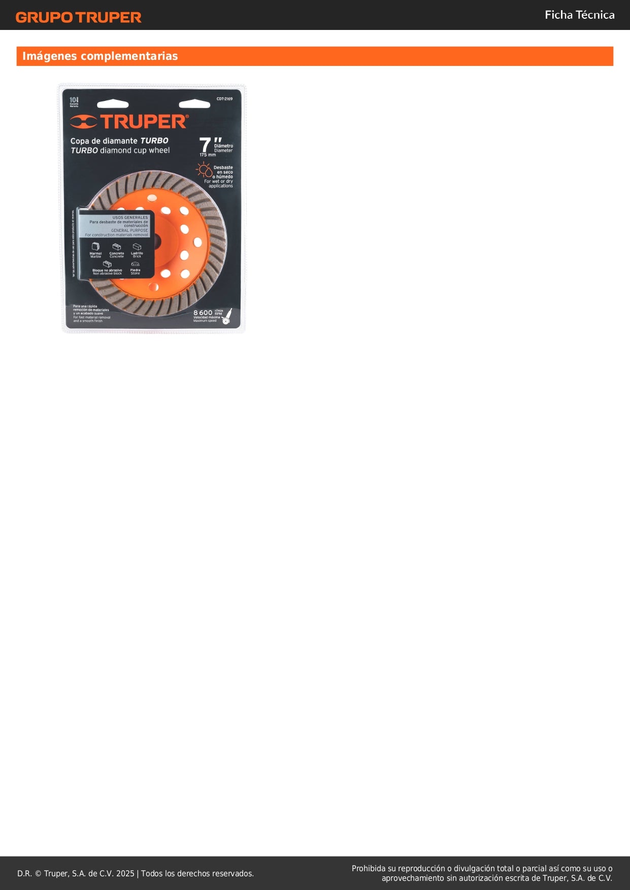 Copa de diamante turbo 7" x 7/8", TRUPER