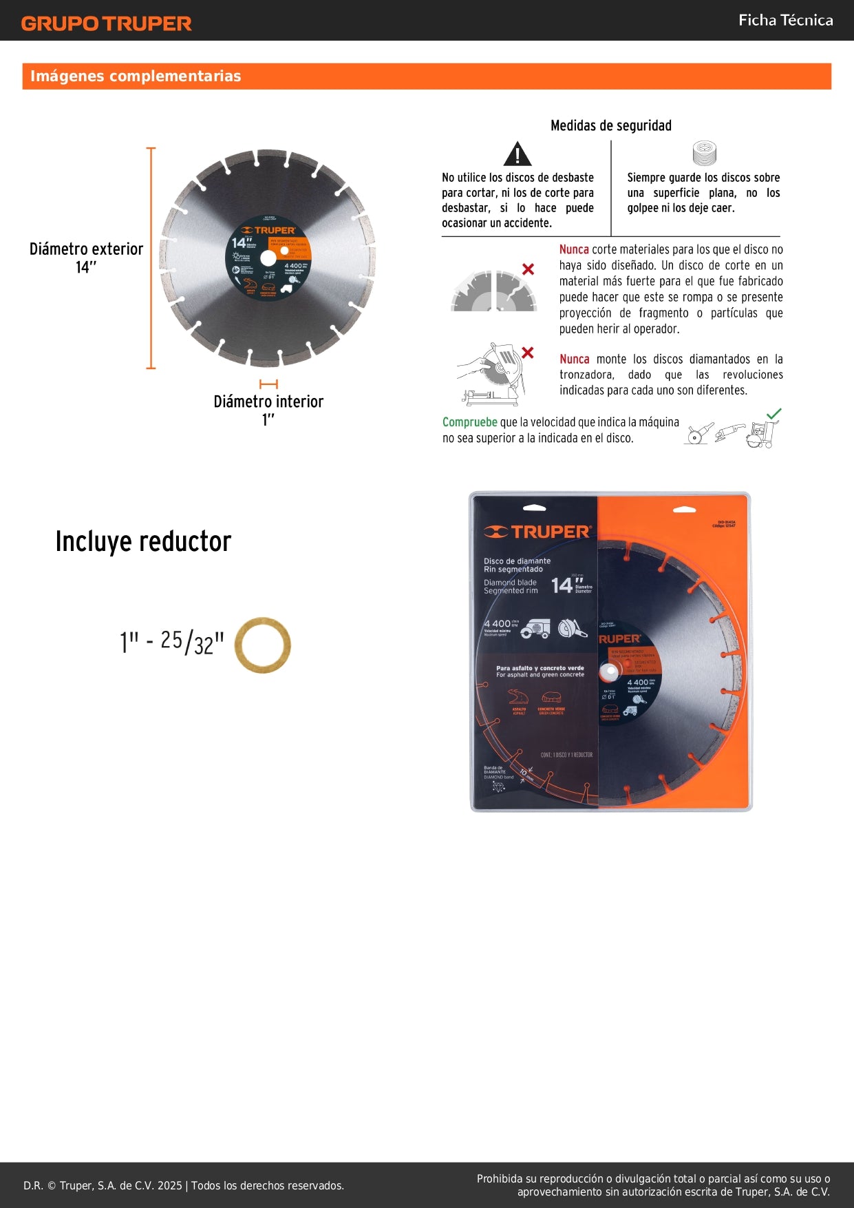 Disco de diamante de 14" x 2.8 mm, corte asfalto y concreto