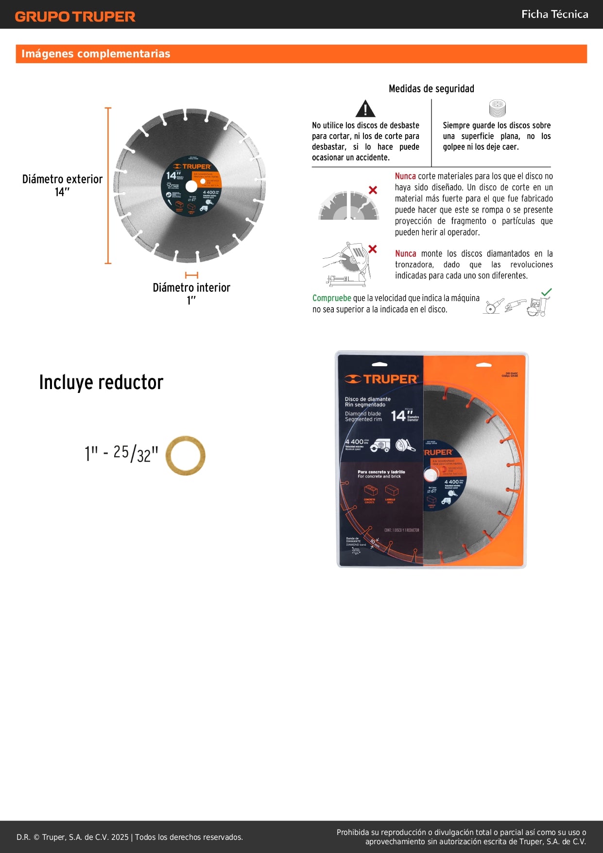 Disco de diamante de 14" x 2.8 mm, corte ladrillo y concreto