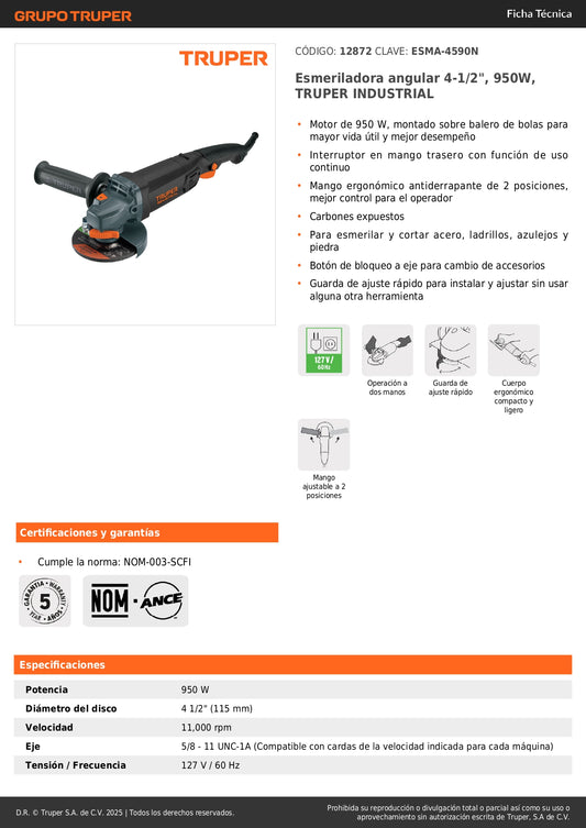 Esmeriladora Angular TRUPER INDUSTRIAL 4-1/2 Pulgadas 950W ESMA-4590N - Corte y Desbaste Profesional de Acero, Ladrillo, Azulejo y Piedra con Motor de Alta Durabilidad