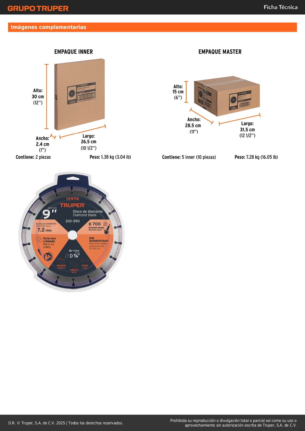 Disco de diamante de 9" x 2.7 mm, rin segmentado, TRUPER