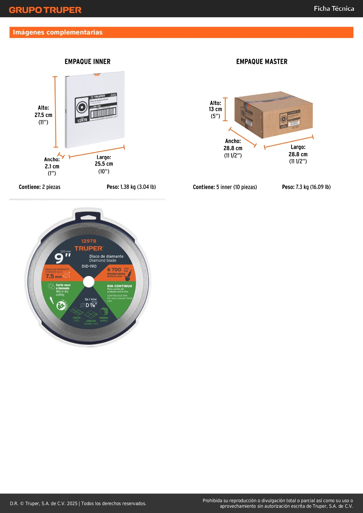Disco de diamante de 9" x 2.2 mm, rin continuo, TRUPER