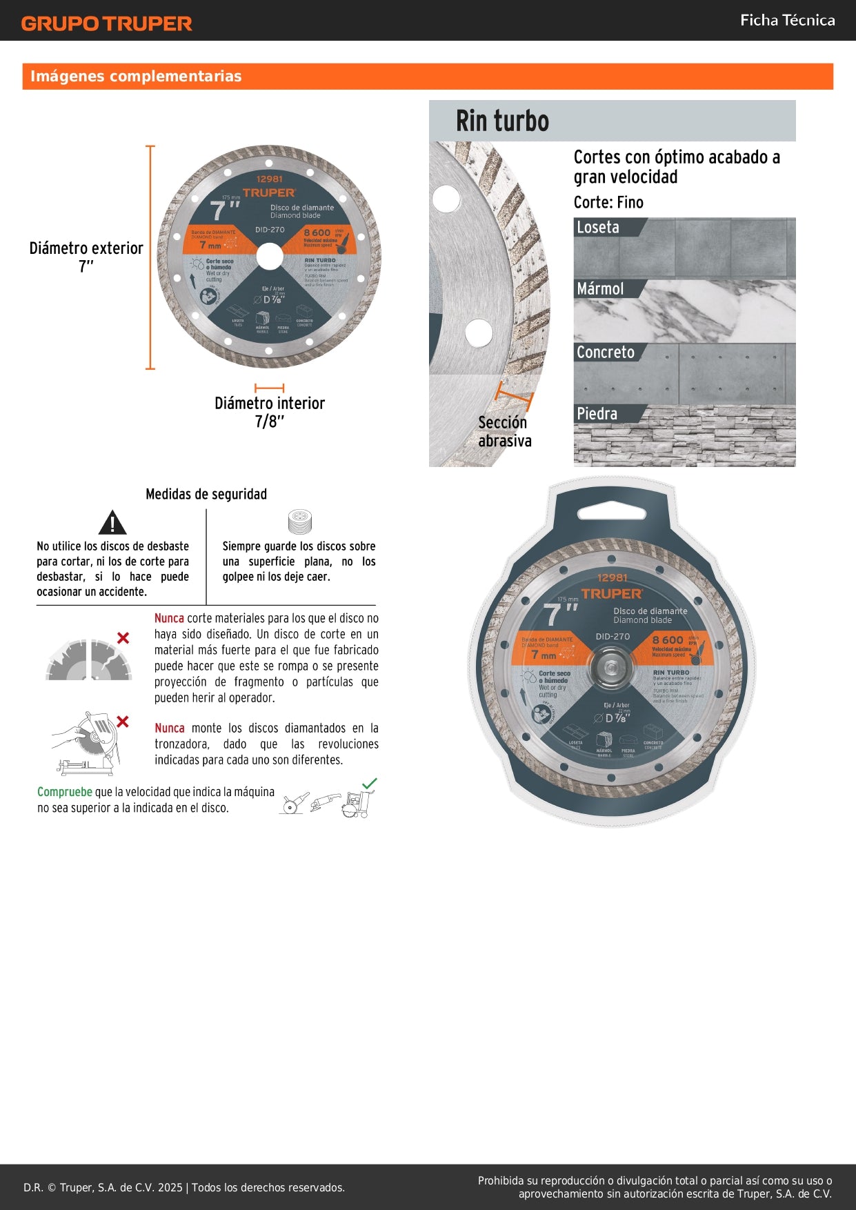 Disco de diamante de 7" x 2.8 mm, rin turbo, TRUPER
