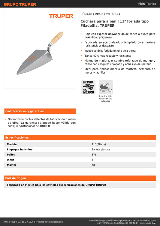 Cuchara de Albañil 11" Forjada TRUPER CT-11 - Acero Templado para Aplicación Profesional de Mortero y Cemento - Mango Reforzado Resistente al Desgaste
