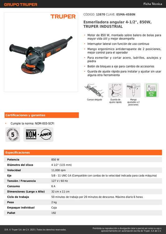 Esmeriladora Angular 4-1/2" 850W TRUPER INDUSTRIAL - Corta y Esmerila Acero, Ladrillo y Piedra con Motor de Alta Durabilidad y Mango Ergonómico Antiderrapante"