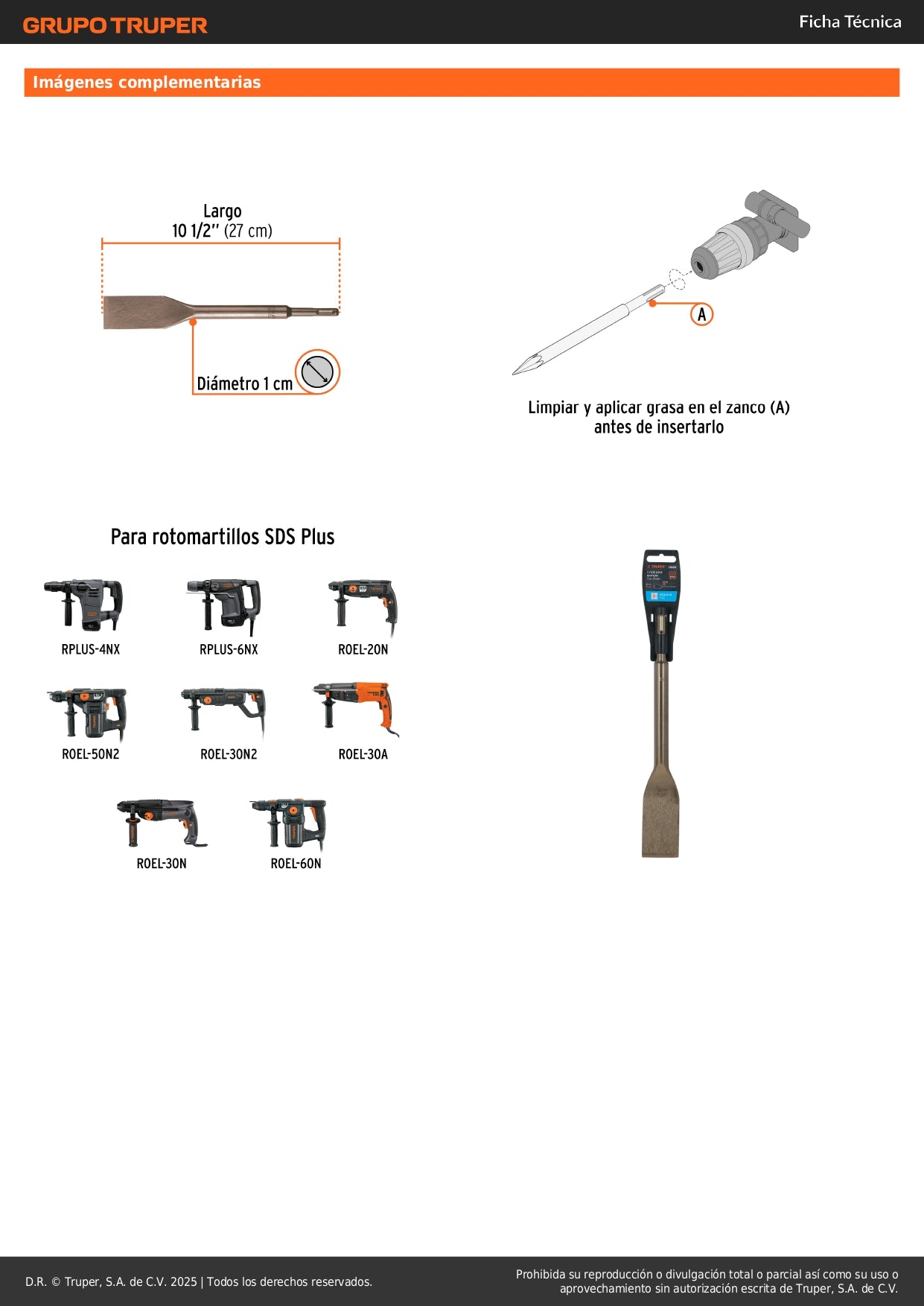Cincel para azulejo SDS Plus 1-1/2" x 10-1/2", Truper