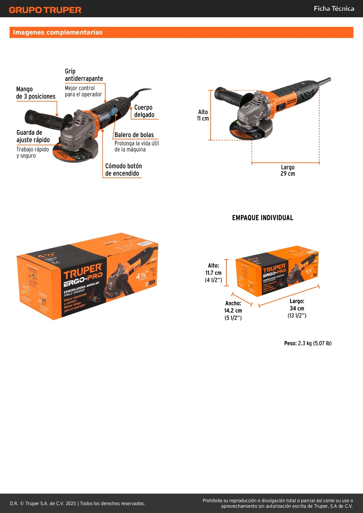 Esmeriladora Angular 4-1/2" 750W TRUPER ERGO PRO ERGO-4570 - Motor Balero Bolas Mango Ajustable