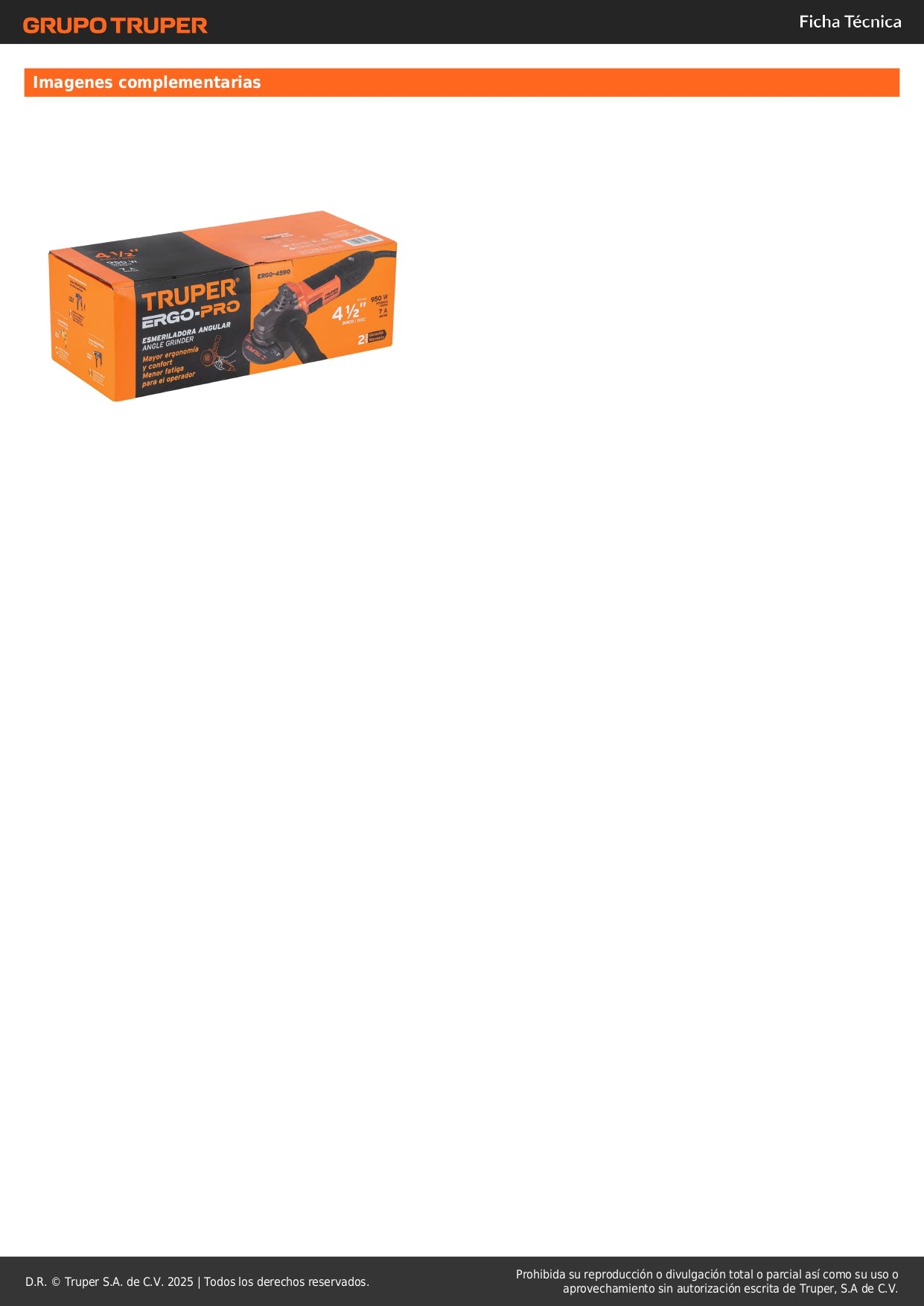 Esmeriladora Angular 4-1/2" 950W TRUPER ERGO PRO ERGO-4590 - Motor Balero Bolas Mango Ajustable