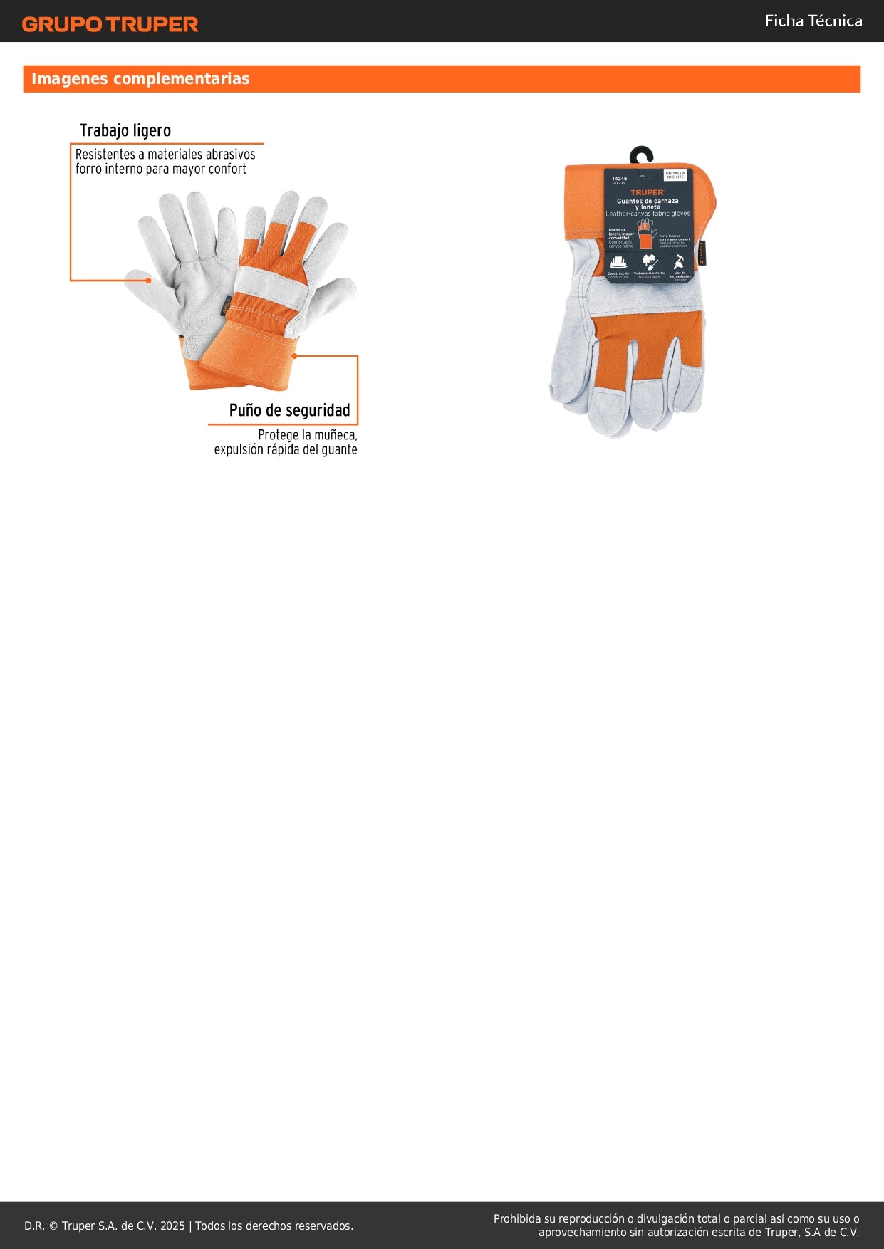 Guantes de Seguridad Industrial TRUPER GU-235 - Carnaza y Loneta con Refuerzo en Nudillos - Protección Completa para Construcción y Trabajo Pesado