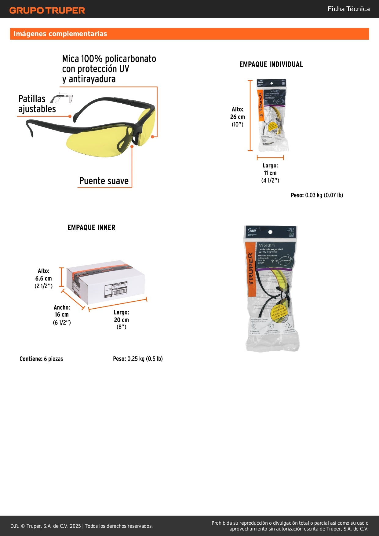 Lentes de Seguridad Ámbar Truper Vision LEDE-SA - Protección UV Antirayadura Policarbonato para Industria Construcción Taller