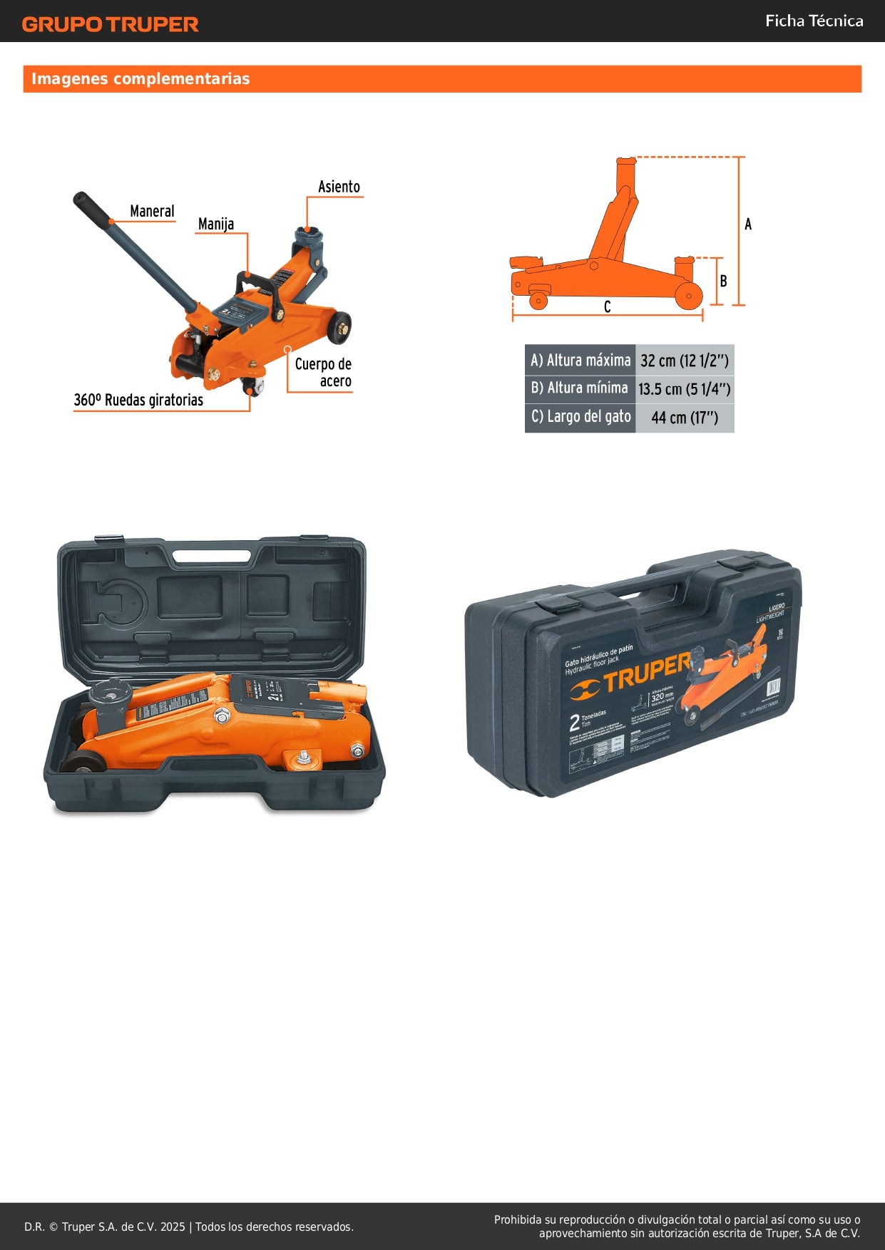 Gato Hidráulico de Patín 2 Toneladas Truper GAPA-2EM - Levantamiento Seguro de Vehículos con Ruedas Giratorias y Maletín