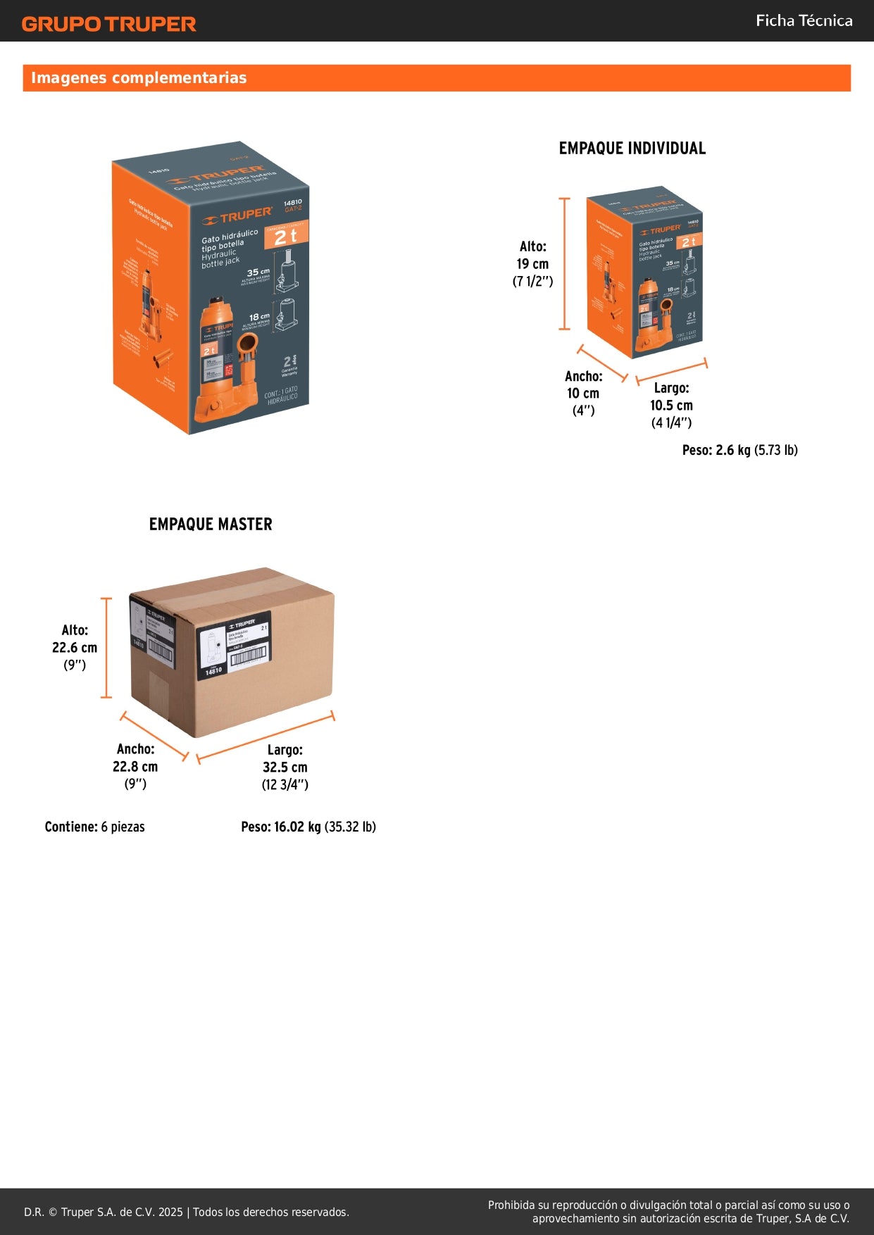 Gato Hidráulico de Botella Truper 2 Toneladas GAT-2 - Levanta Vehículos Pesados con Máxima Estabilidad y Seguridad