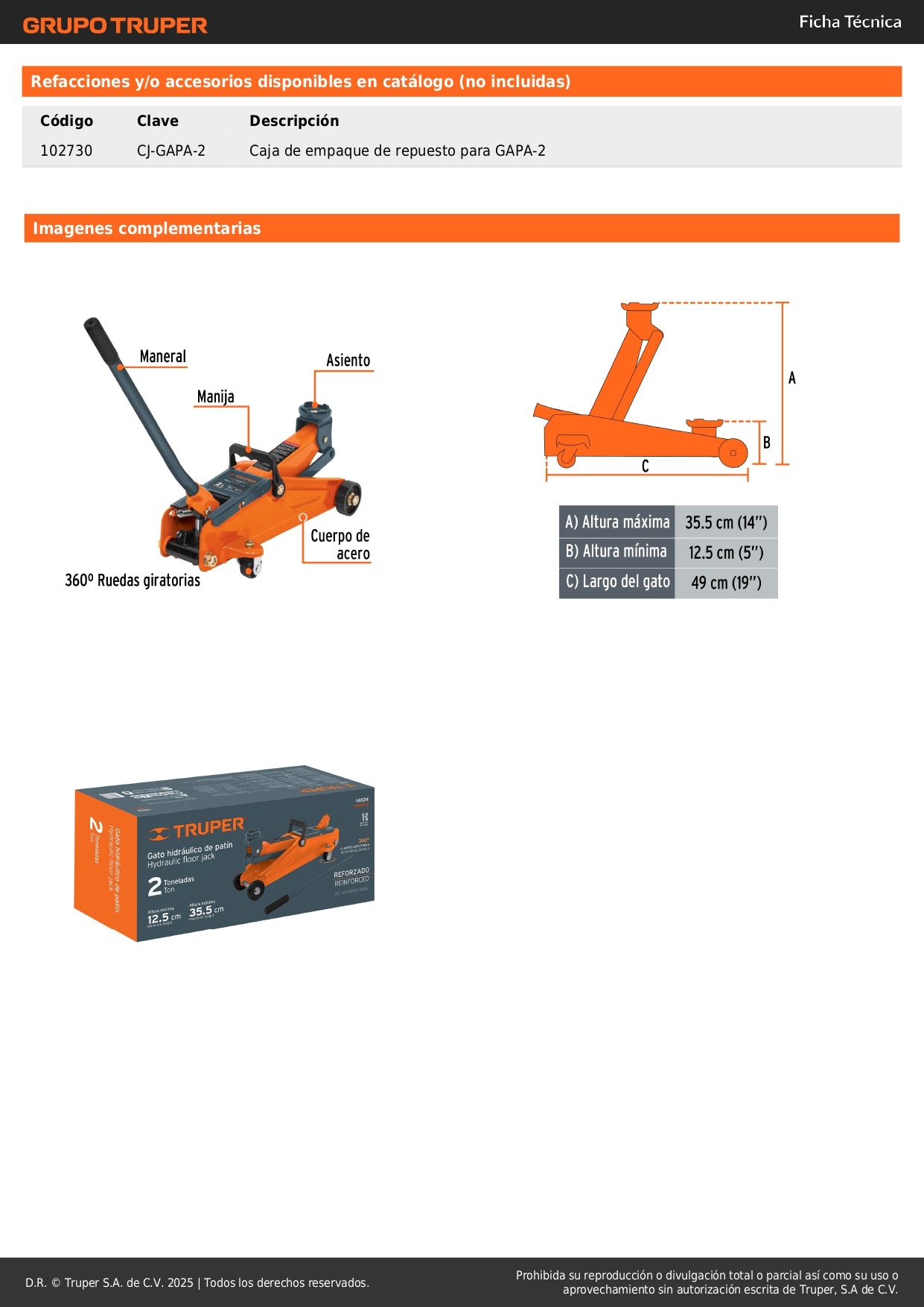 Gato Hidráulico de Patín 2 Toneladas Truper GAPA-2 - Levantamiento Seguro con Ruedas Giratorias y Válvula de Seguridad