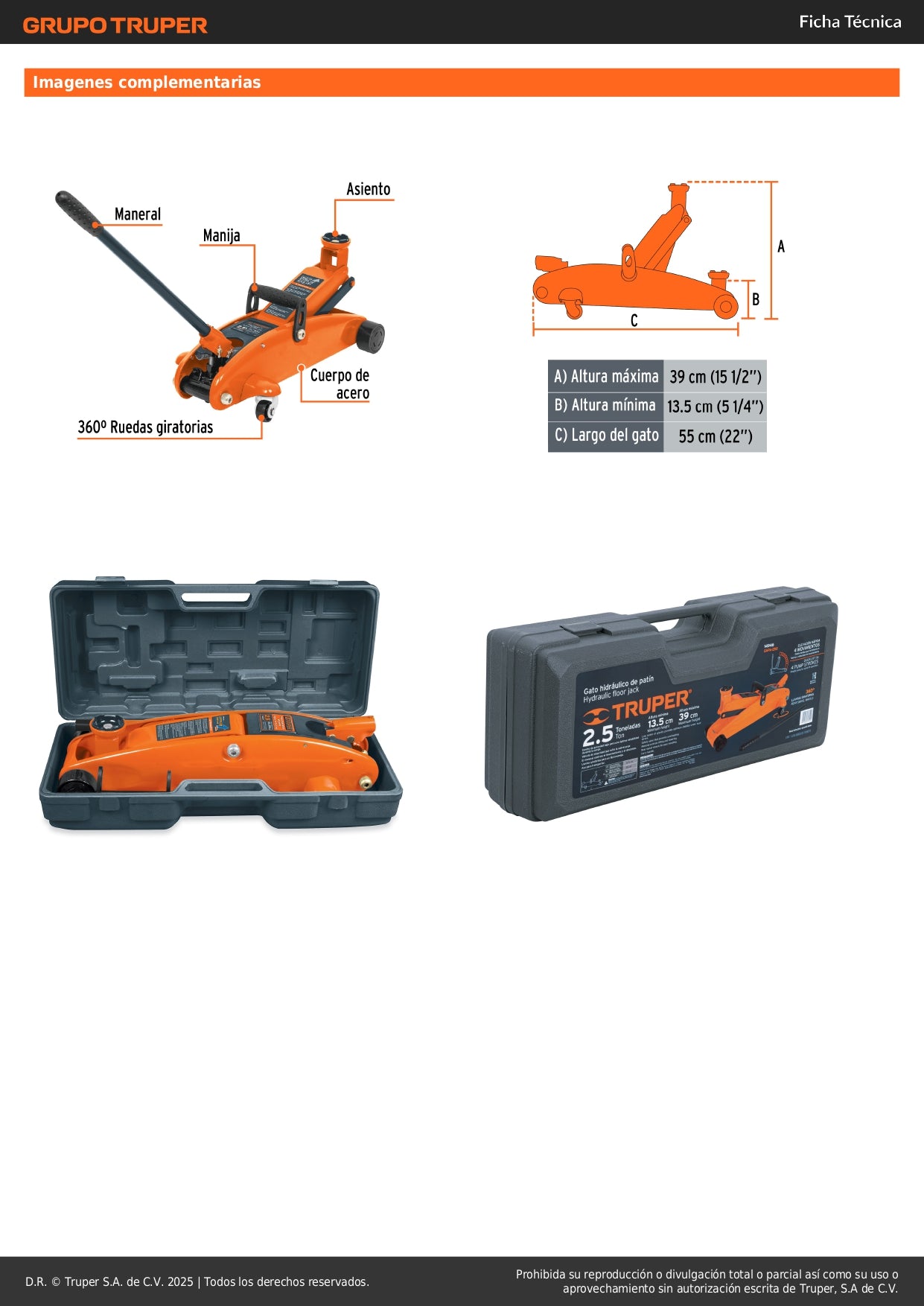 Gato Hidráulico de Patín 2.5 Toneladas GAPA-250 - Elevación Rápida con Ruedas y Maletín - Solución Profesional para Talleres Mecánicos
