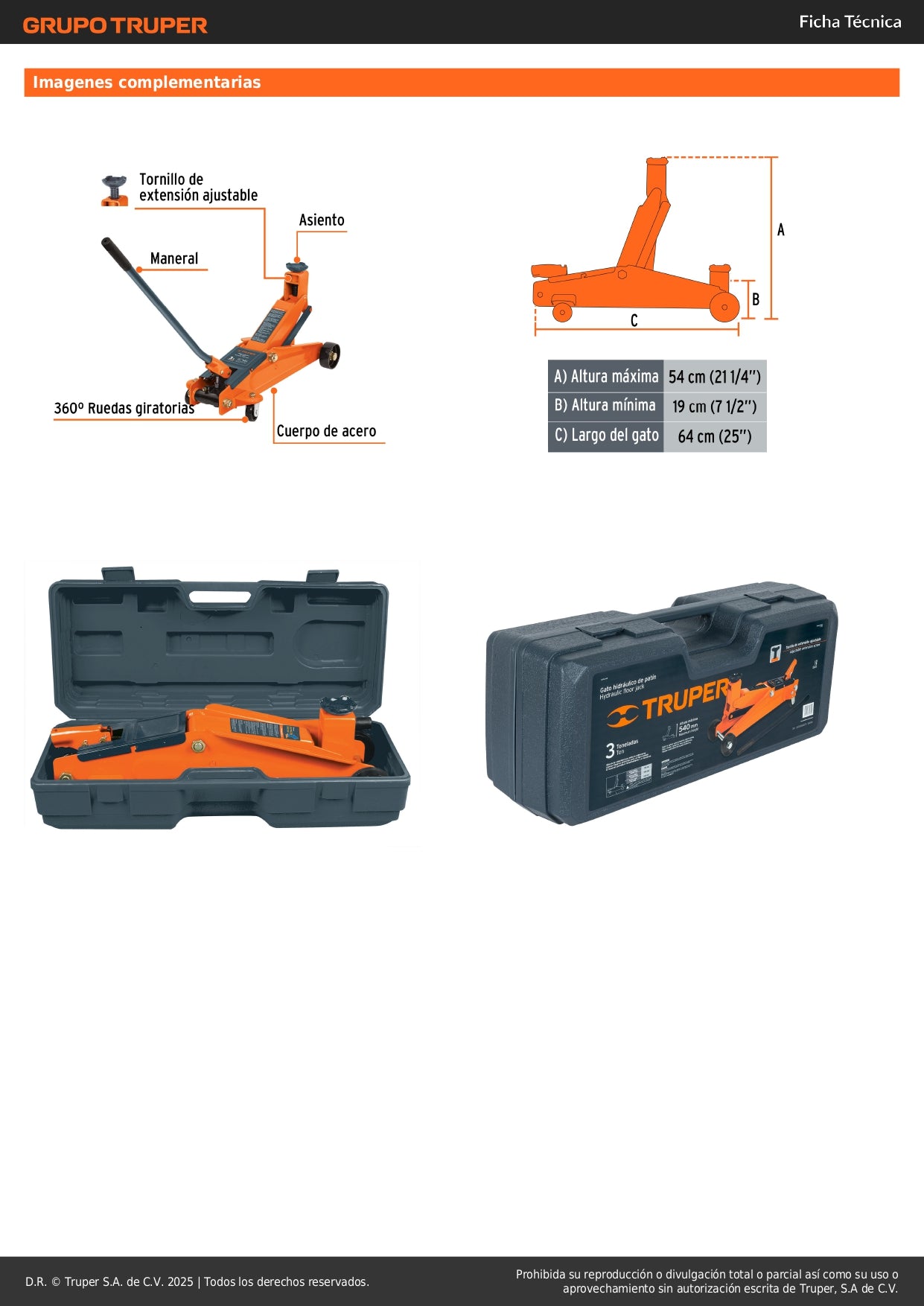 Gato Hidráulico de Patín 3 Toneladas TRUPER GAPA-300 - Levantamiento Seguro de Vehículos con 57 Movimientos y Maletín