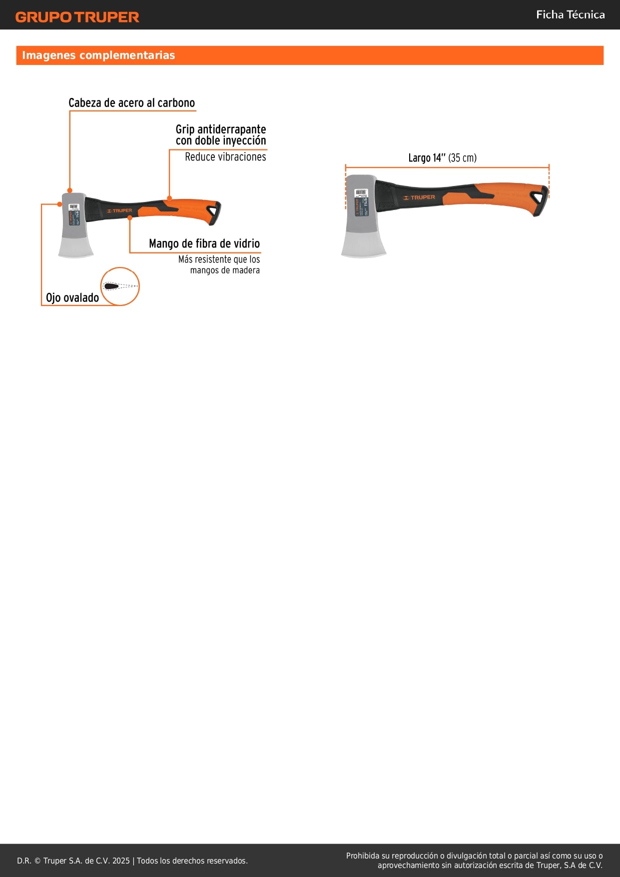 Hacha Cazadora Truper 1-1/4 lb Mango Fibra Vidrio 14" - Corte Preciso Madera Leña - Cabeza Forjada Acero Carbono HC-1-1/4F