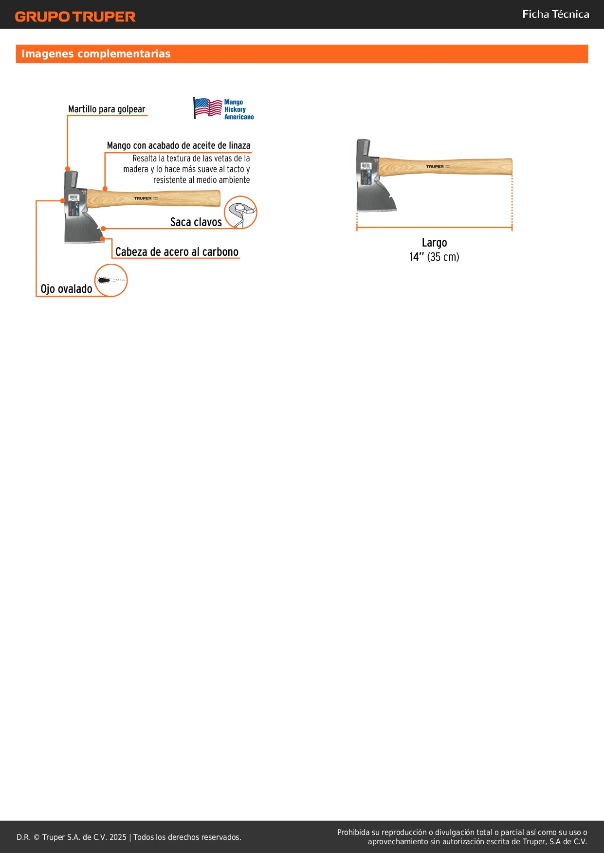 Hacha Doméstica Truper 1-1/2 lb Mango Hickory 14" - Corte Preciso y Duradero para Trabajos de Carpintería y Leña - Acero al Carbono Tratamiento Térmico HH-1-1/2