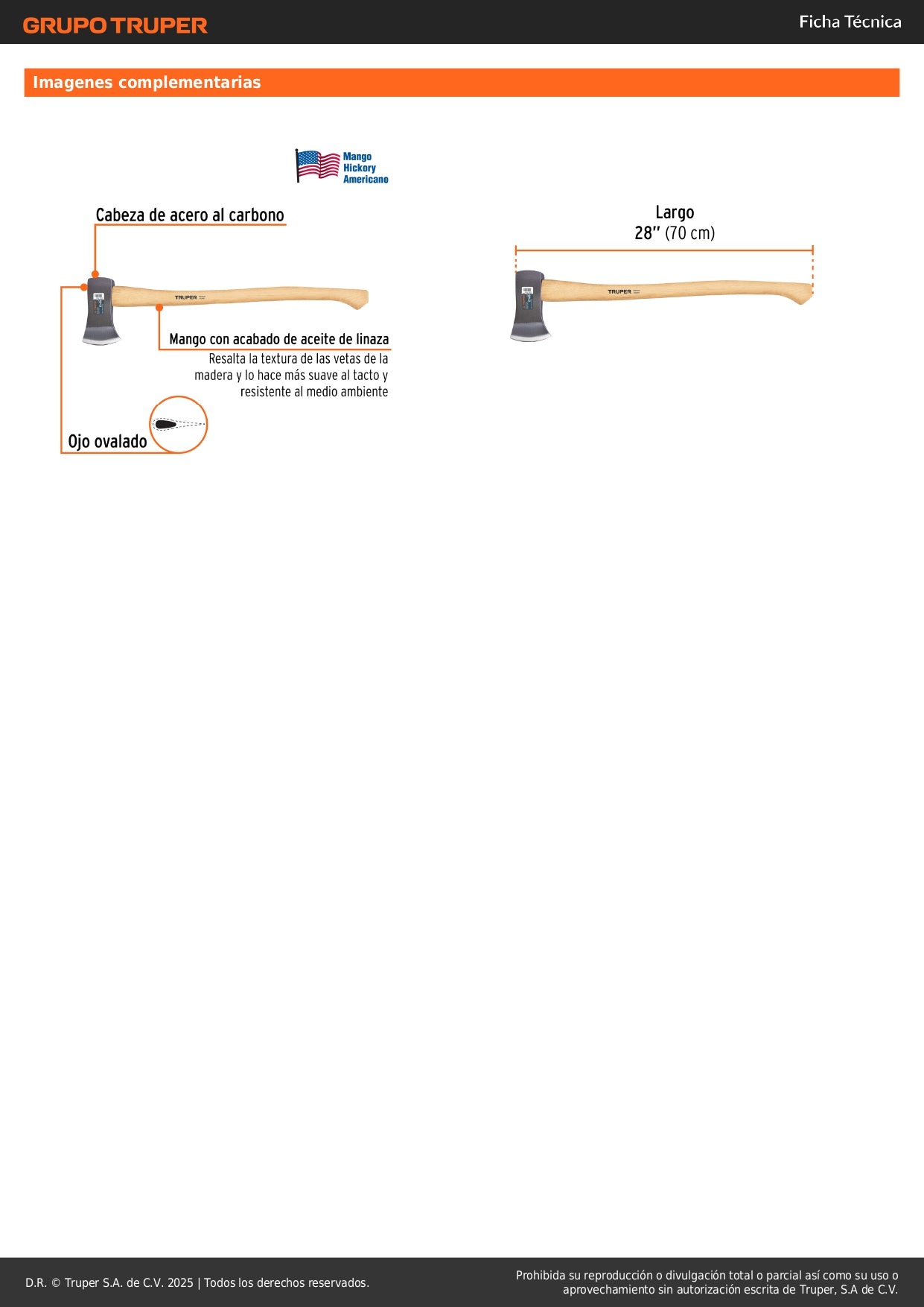 Hacha Truper Boy 2-1/4 lb Mango Hickory 28" - Herramienta Profesional para Talar Árboles y Partir Madera HB-2-1/4M