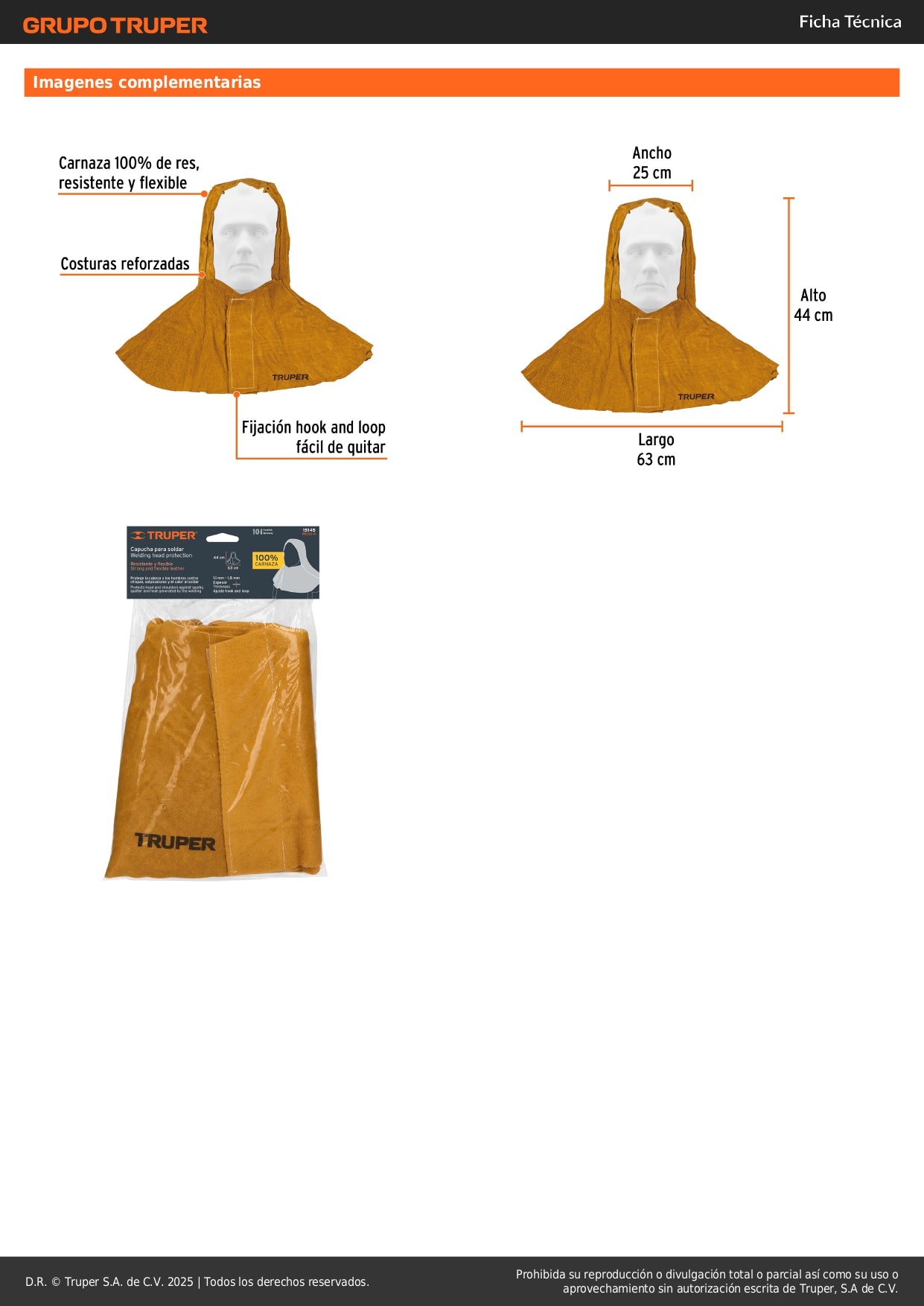 Capucha de Carnaza para Soldar Truper PROSO-4 - Protección Profesional Cabeza Cuello Nuca contra Chispas y Calor - Resistente 100% Piel de Res con Costuras Reforzadas