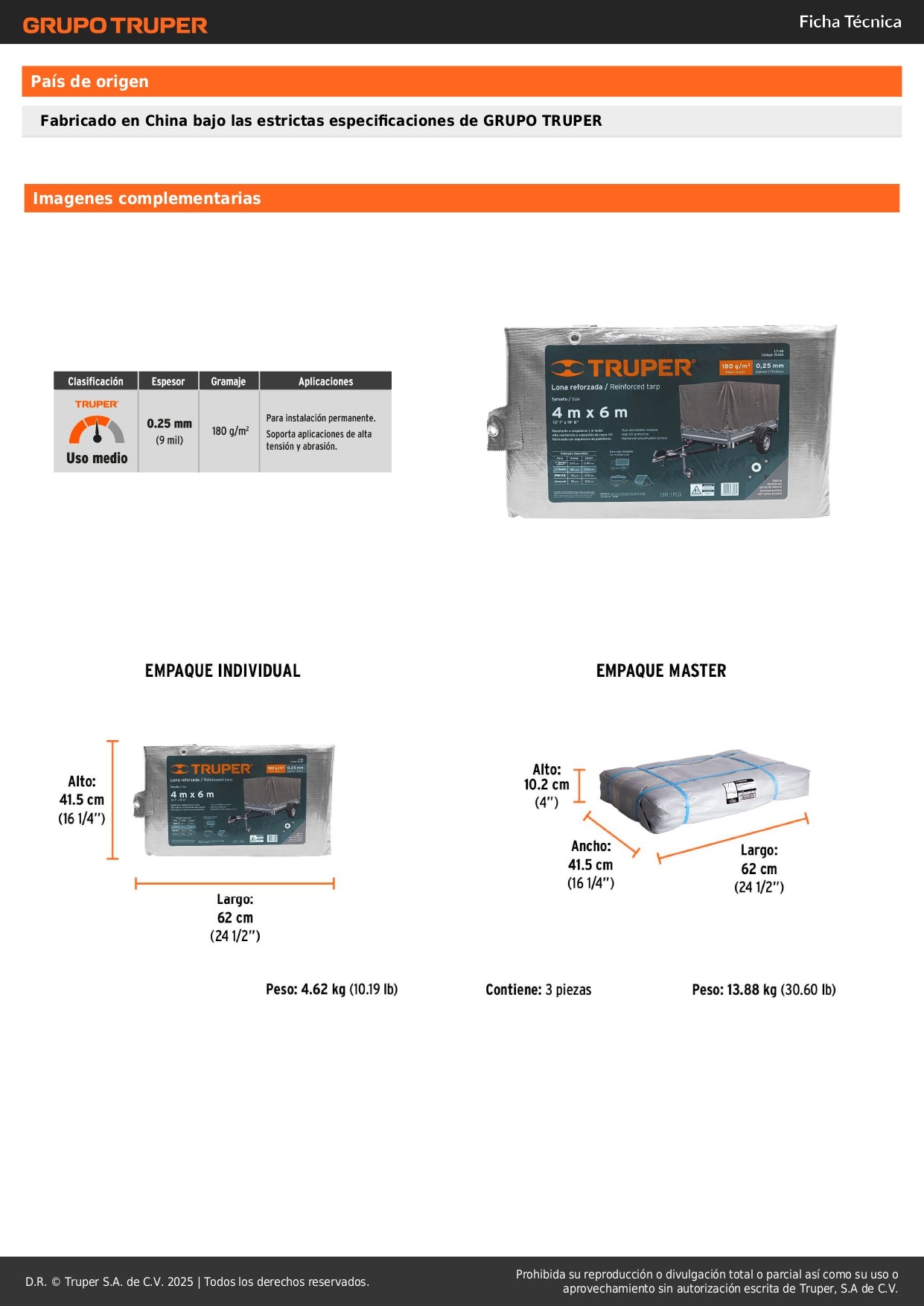 Lona Reforzada Polietileno 4x6m Gris 180g/m² TRUPER - Protección UV Resistente Rasgaduras Antimoho