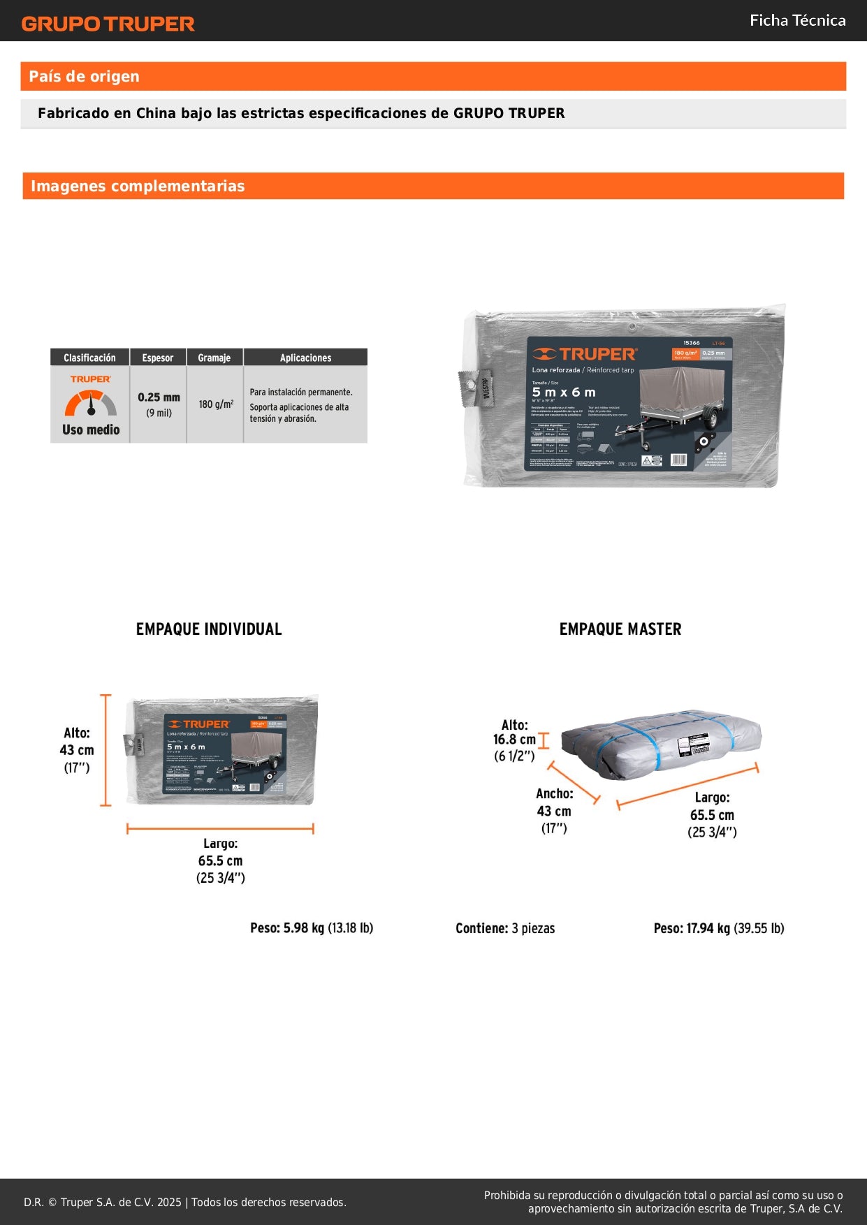 Lona de Polietileno Reforzada TRUPER 5x6m Gris 180g/m² - Protección UV Resistente a Rasgaduras y Moho para Exteriores