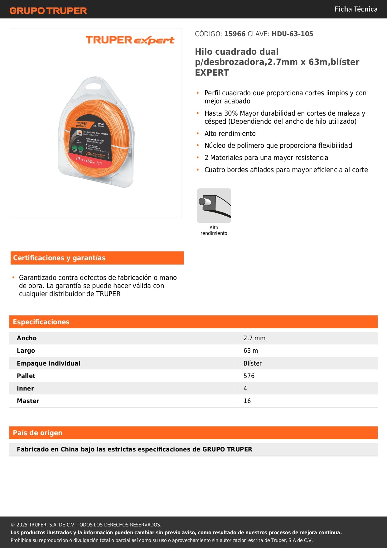 Hilo cuadrado dual p/desbrozadora,2.7mm x 63m,blíster EXPERT