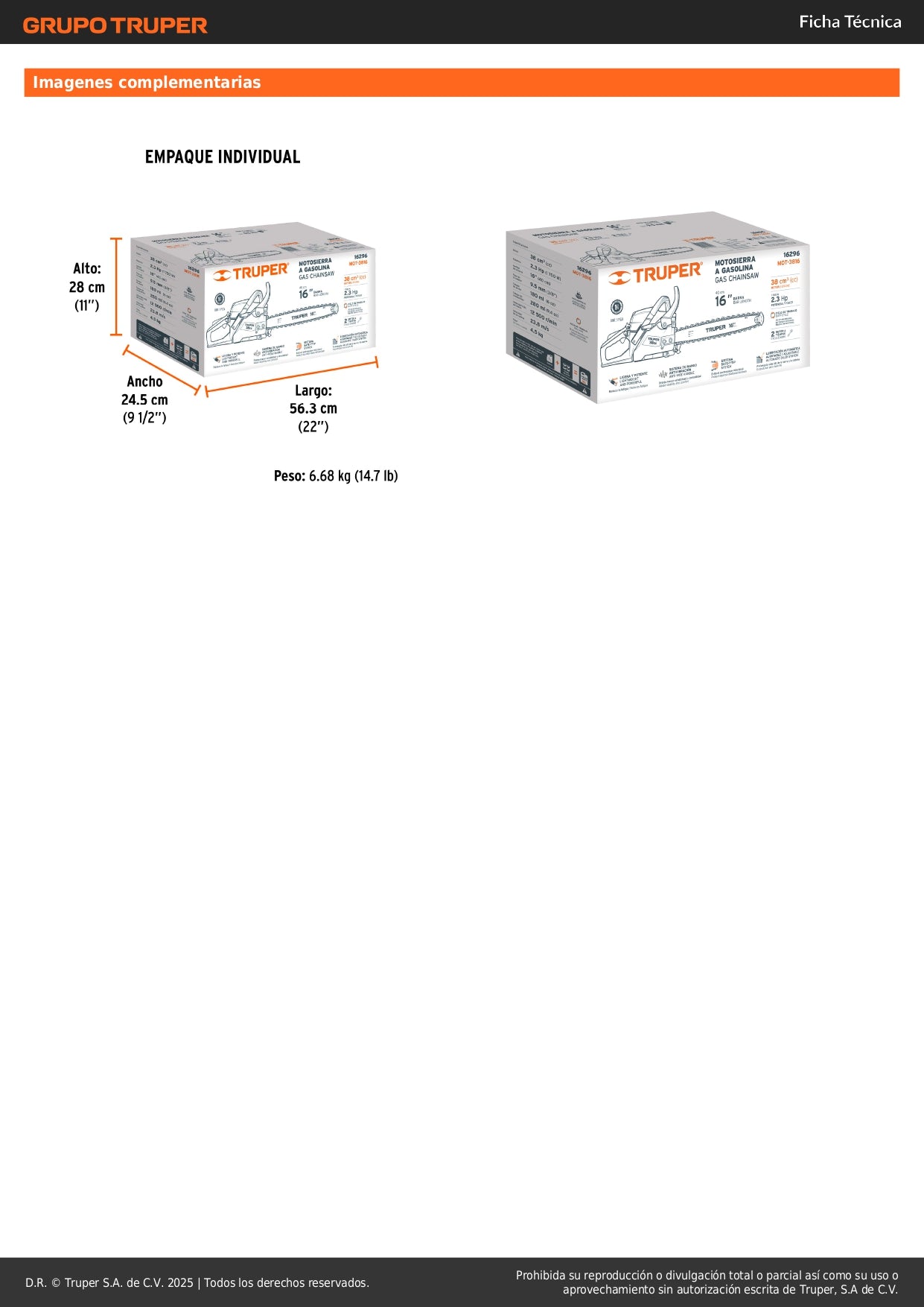 Motosierra Truper 38cc Gasolina 16" - Motor 2.3HP Arranque Fácil - Corte Profesional Árboles y Ramas - Sistema Antiretroceso Safe-T-Tip - MOT-3816
