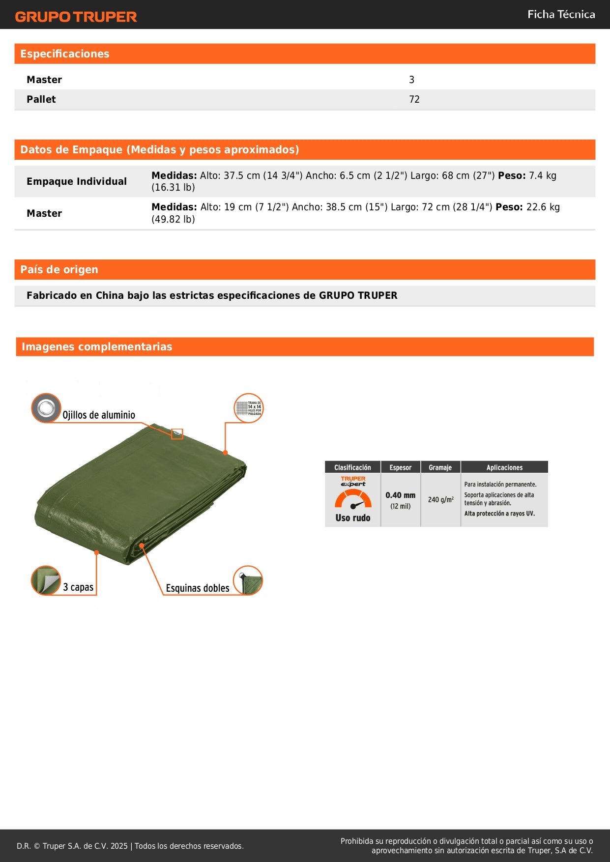 Lona Impermeable Uso Rudo 5x6m Verde Olivo TRUPER EXPERT - Protección UV Resistente Intemperie