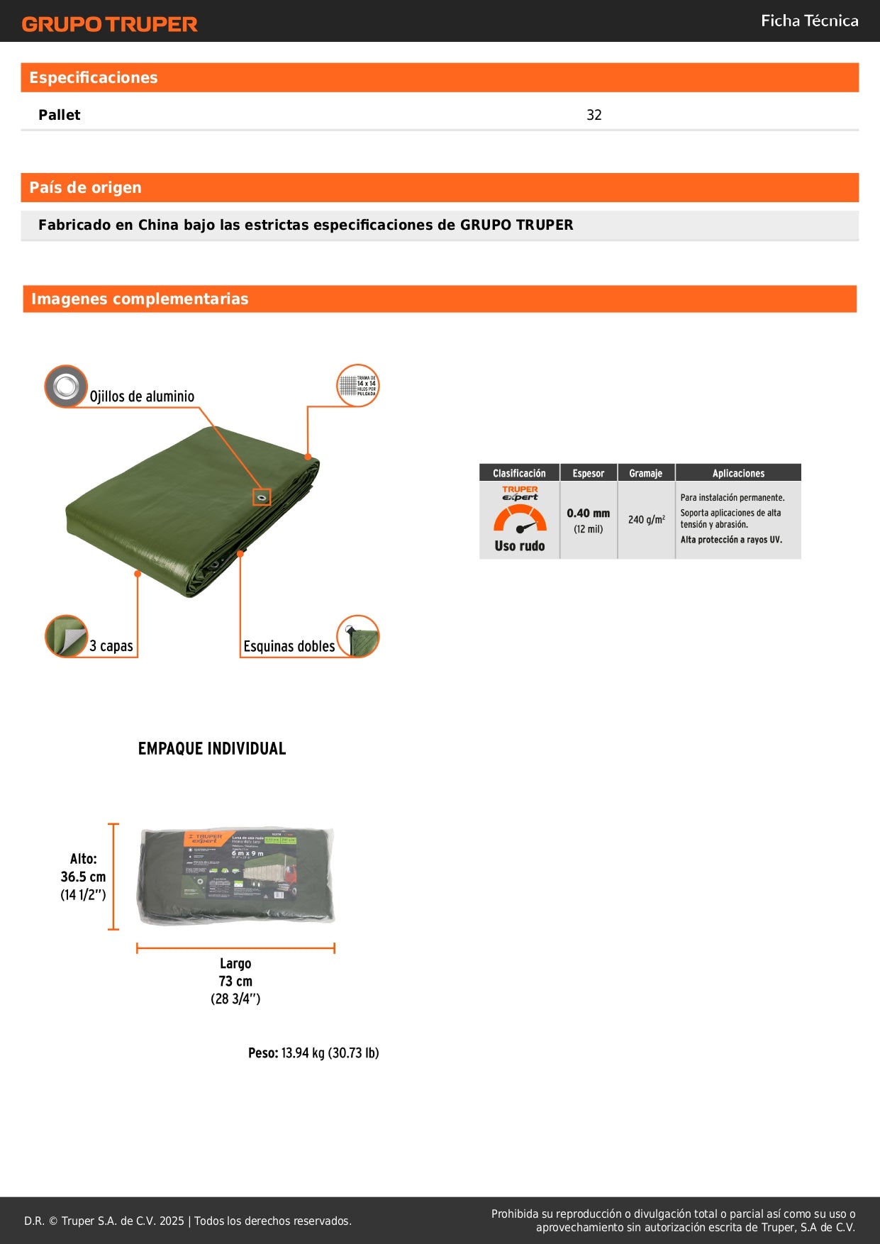Lona Uso Rudo 6x9m Verde Olivo TRUPER EXPERT - Protección Impermeable UV Resistente para Construcción y Exteriores