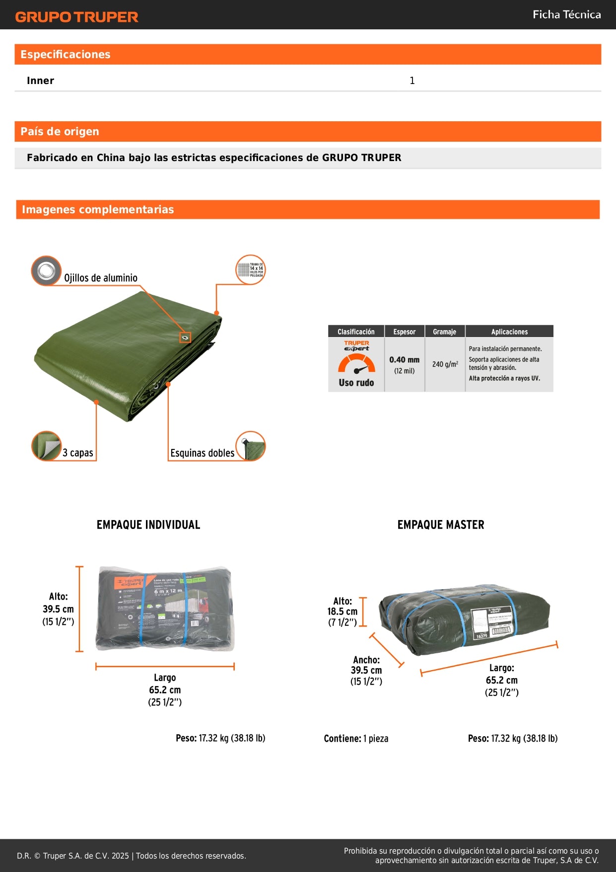 Lona Uso Rudo TRUPER EXPERT 6x12m Verde Olivo 240g/m² - Protección Impermeable UV para Construcción y Climas Extremos