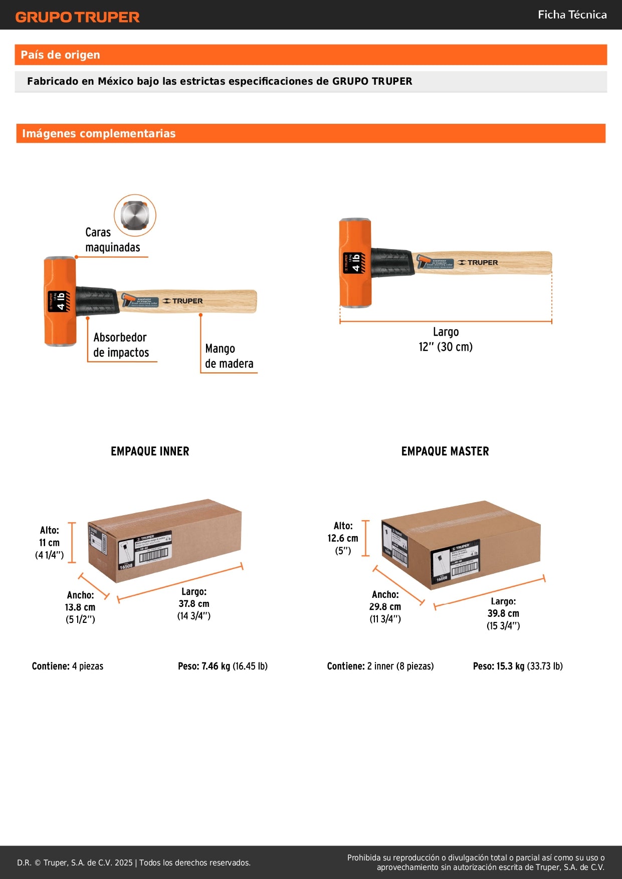 Marro Octagonal 4 lb Truper MD-4M - Cabeza Forjada Acero - Mango Madera 12" - Herramienta Demolición Profesional