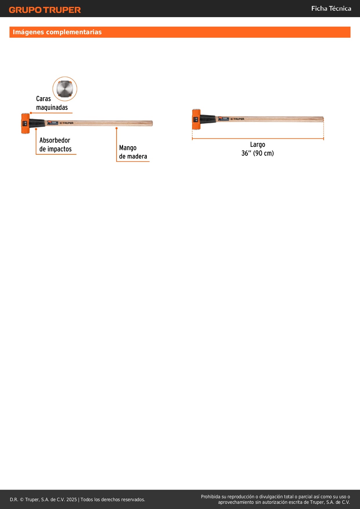 Marro Octagonal 6 lb Truper MD-6M - Herramienta Profesional para Demolición y Golpeo Pesado con Mango 36 Pulgadas