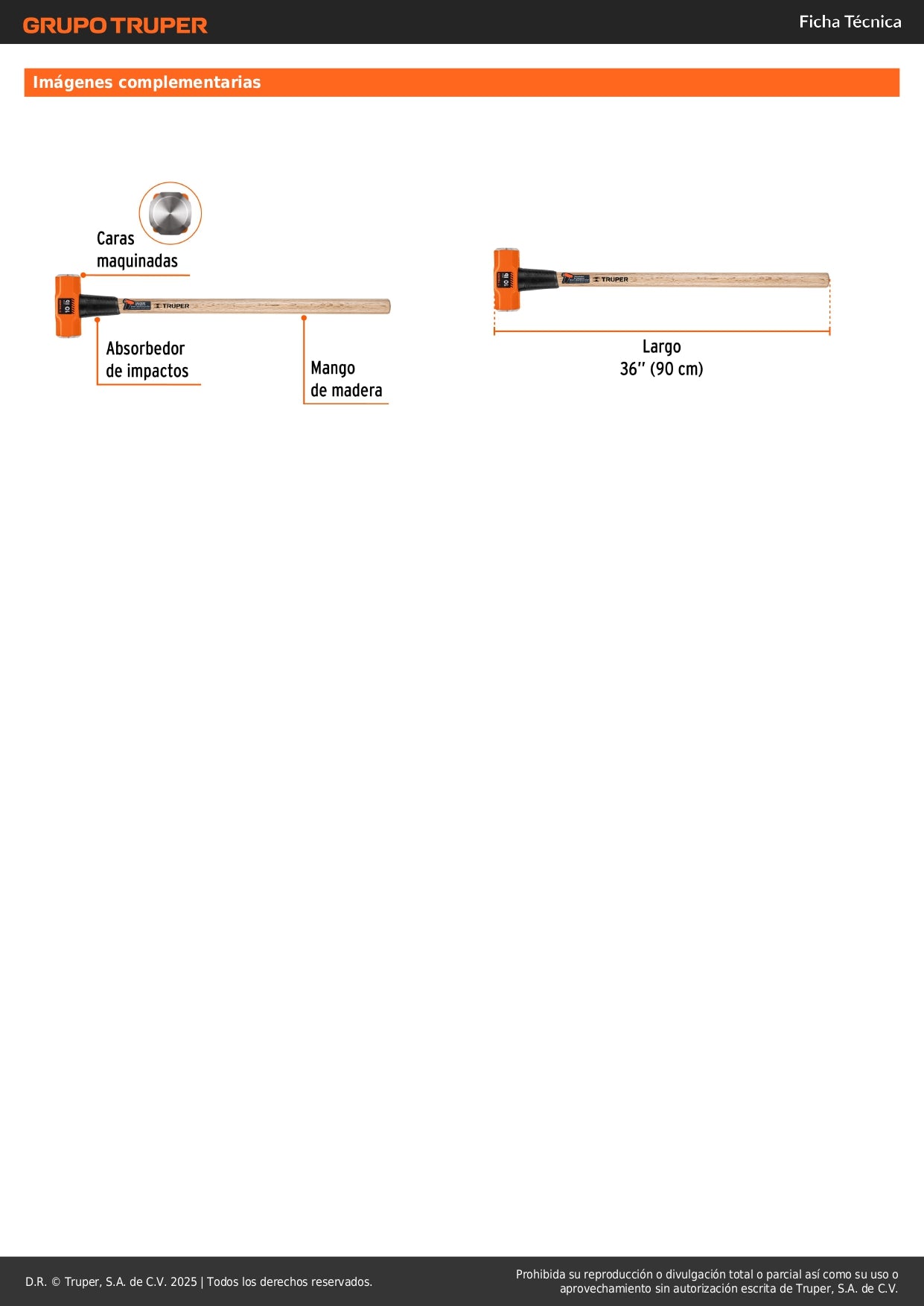 Marro Octagonal 10 lb Truper MD-10M - Herramienta Profesional para Demolición y Golpeo Pesado con Mango de Madera 36 Pulgadas