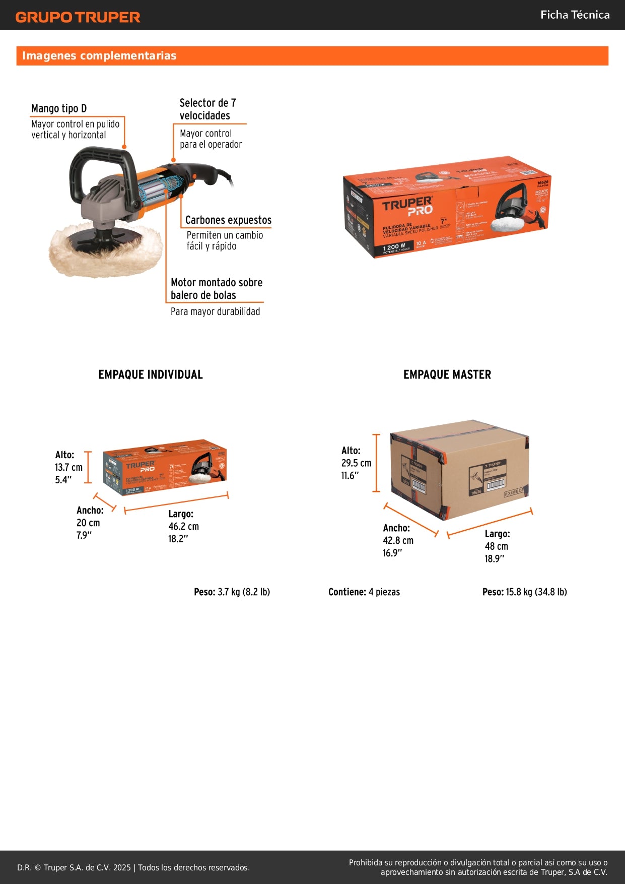 Pulidora Rotativa TRUPER 7 Pulgadas 1200W - Profesional para Pulido de Autos, Metales y Fibra de Vidrio - Velocidad Variable 7 Niveles - PULA-7A3