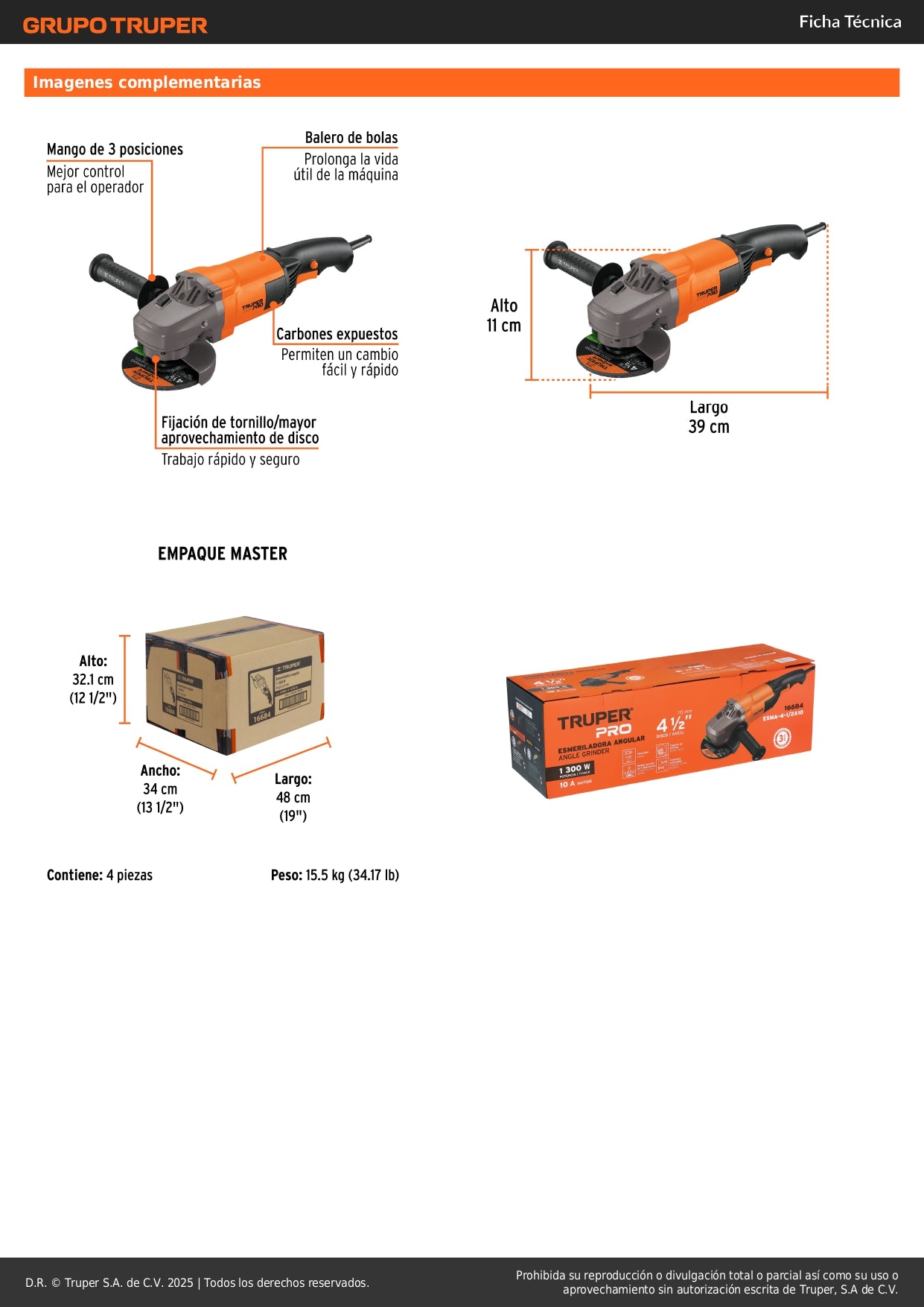 Esmeriladora Angular TRUPER PRO 4-1/2" 1300W ESMA-4-1/2A10 - Corta y Esmerilar Acero, Ladrillo, Azulejo y Piedra - Motor Balero de Bolas Alta Durabilidad