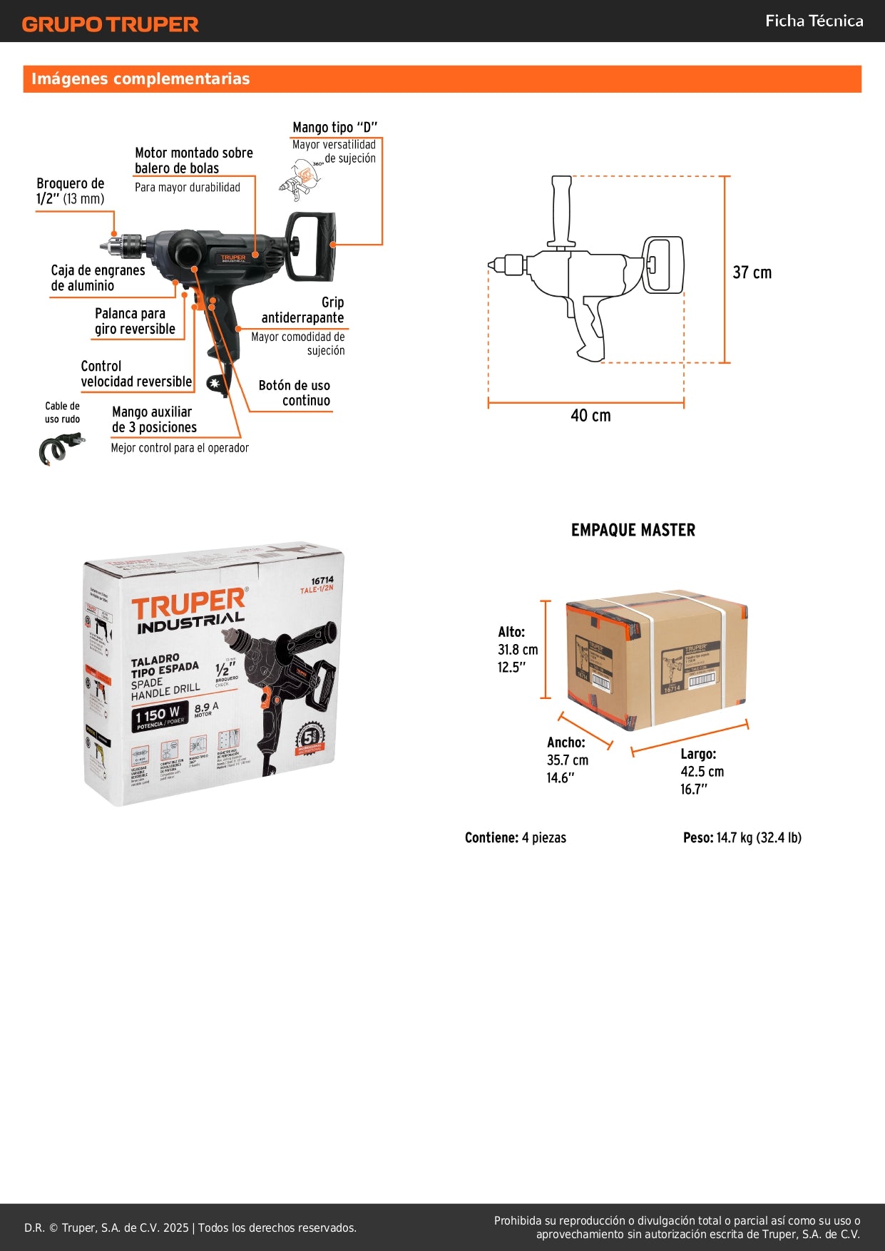 Taladro Mezclador Industrial TRUPER 1/2" 1150W - Solución Profesional para Mezcla de Pinturas, Mortero y Perforación en Acero - TALE-1/2N