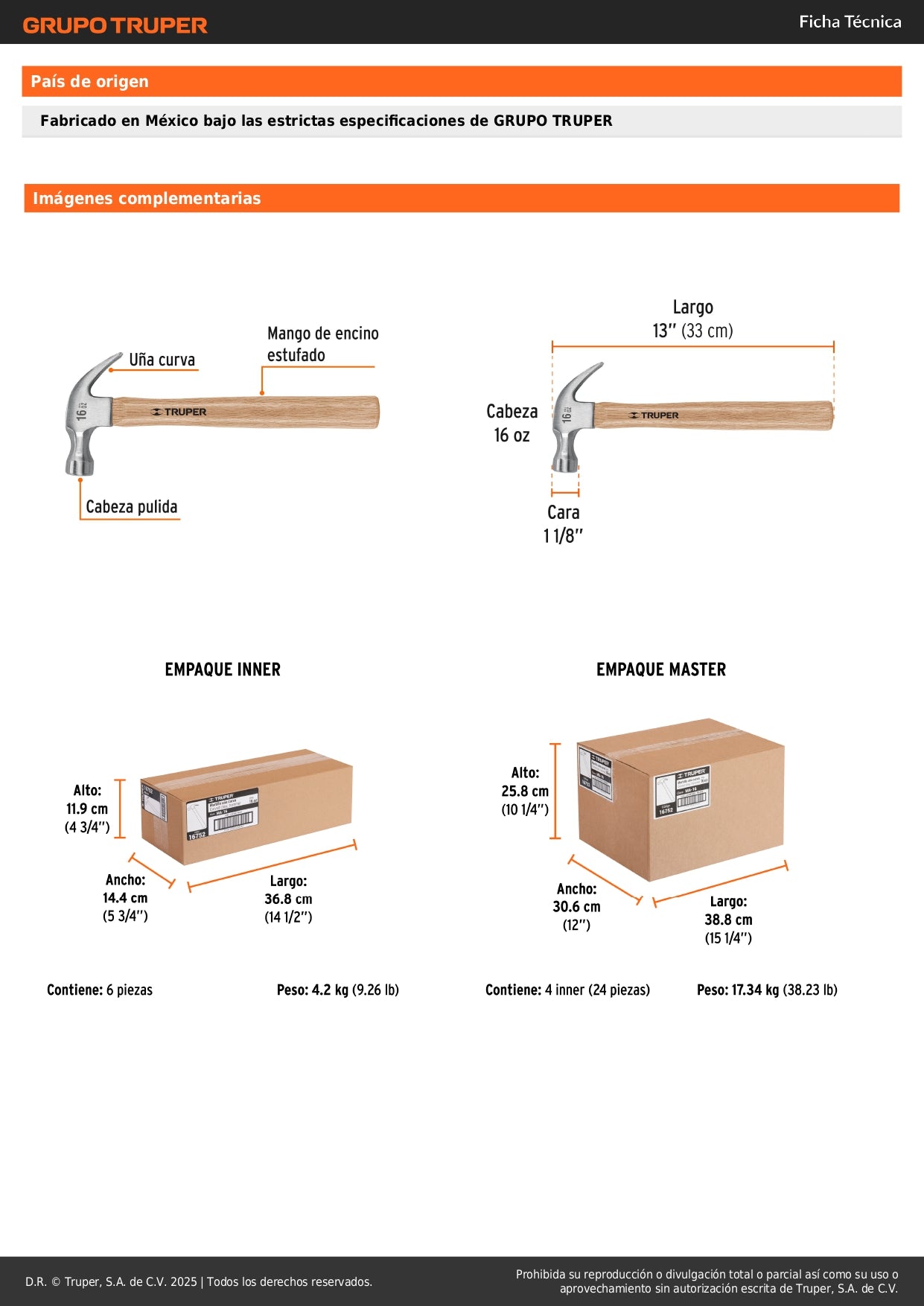 Martillo TRUPER 16 oz Uña Curva Mango Madera - Solución Profesional para Clavar y Extraer Clavos - Cabeza Acero Pulido MA-16