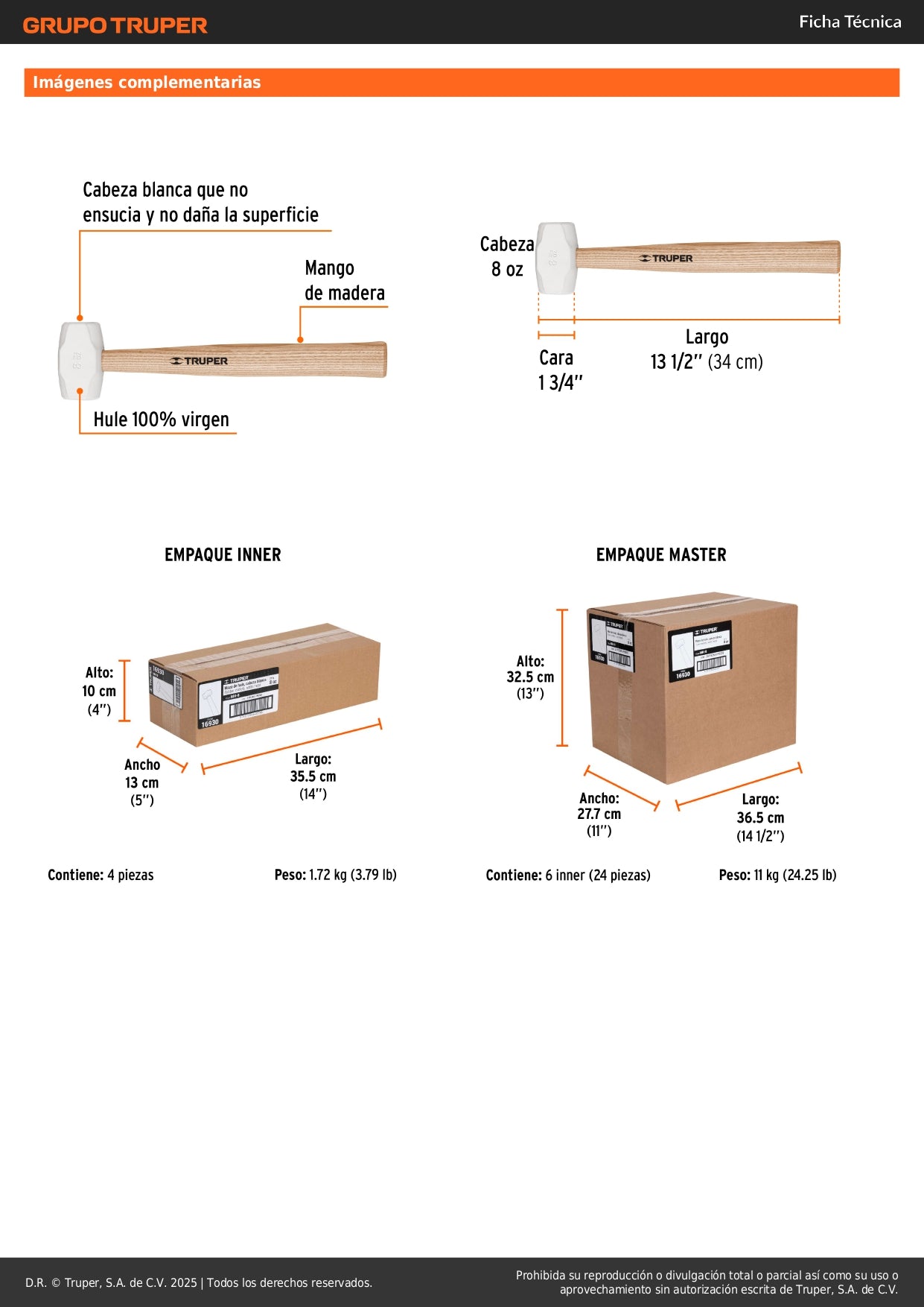 Mazo de Hule 8 oz Truper MH-8 - Protege Superficies Delicadas sin Dañar - Ideal para Duela y Zoclos