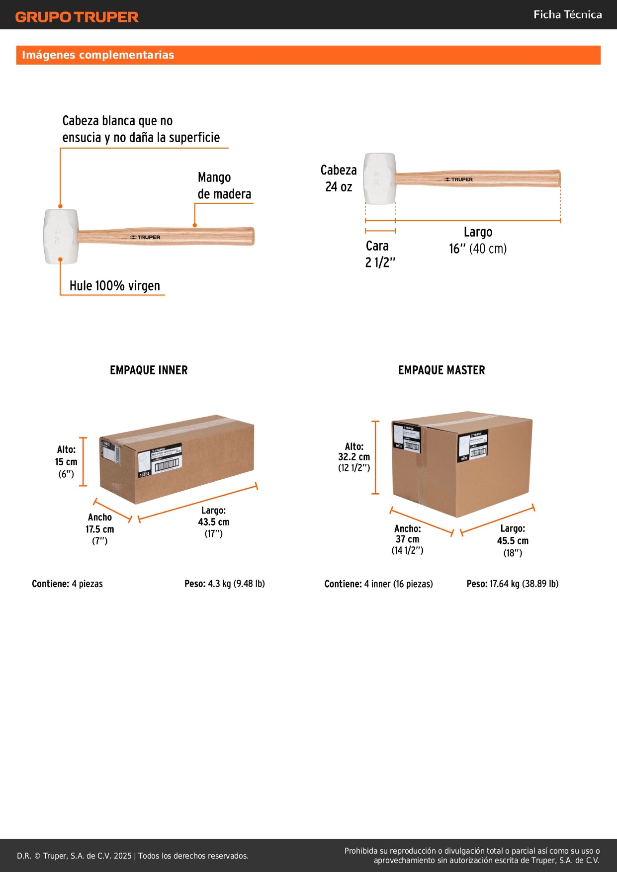 Mazo de Hule 24 oz Truper MH-24 - Cabeza Blanca Antideslizante para Duela y Superficies Delicadas - Mango Ergonómico de Madera