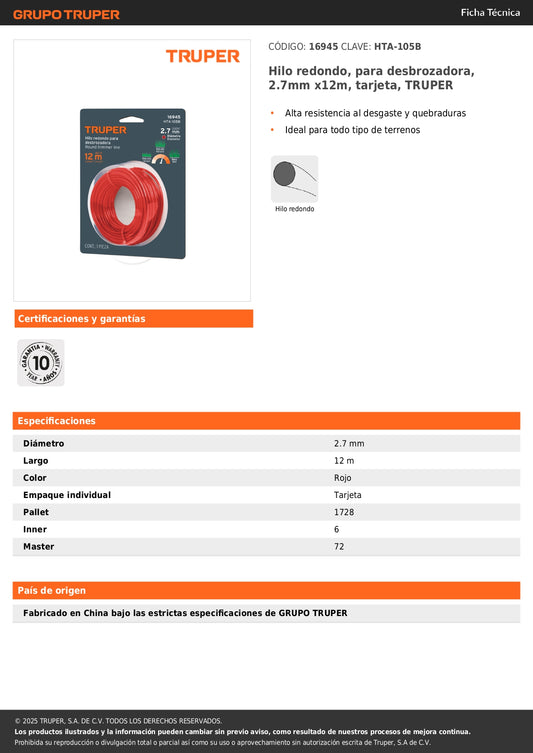 Hilo redondo, para desbrozadora, 2.7mm x12m, tarjeta, TRUPER