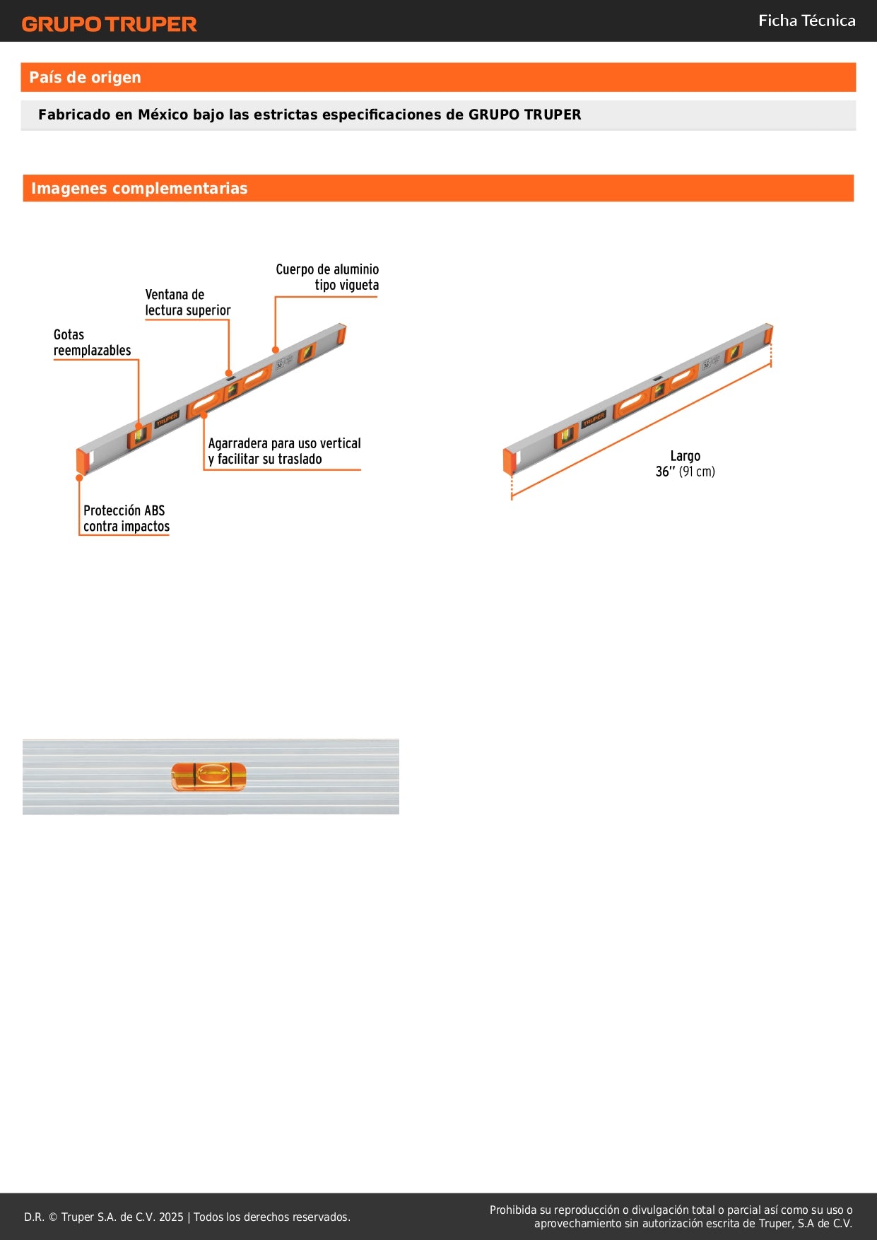 Nivel Profesional Truper 36 Pulgadas con Protección ABS - Aluminio Tipo Vigueta - Gotas Reemplazables Alta Visibilidad - Solución Precisa para Construcción y Carpintería