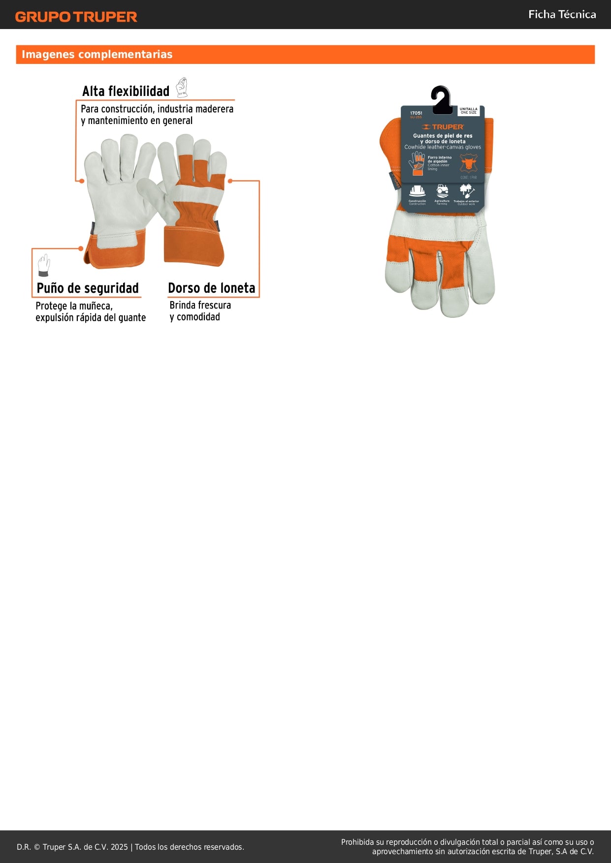 Guantes de Seguridad Industrial TRUPER GU-255 - Piel de Res con Dorso de Loneta para Construcción y Agricultura