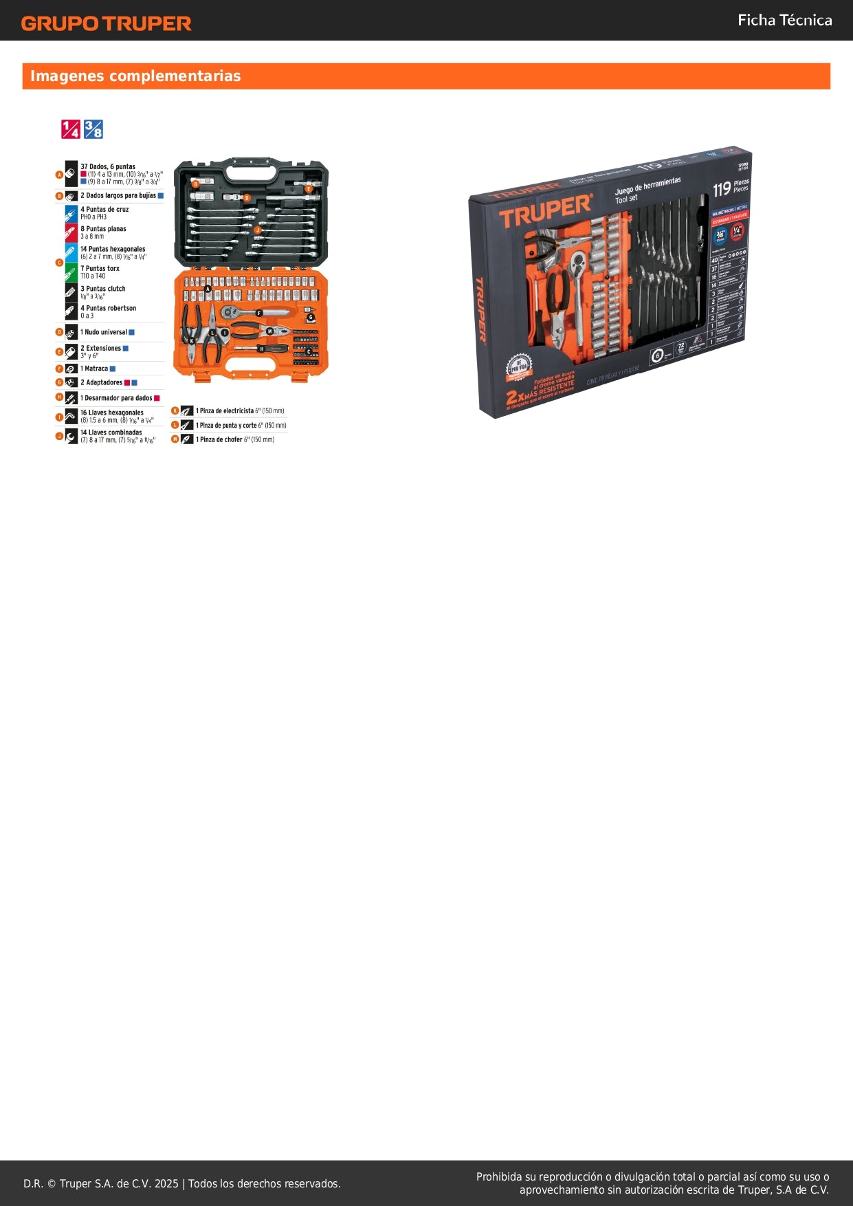 Juego de Herramientas Mecánico 119 Piezas 1/4 y 3/8 Pulgadas - SET-124 Dados Cromo Vanadio con Estuche Organizador para Reparación Automotriz y Mantenimiento Industrial