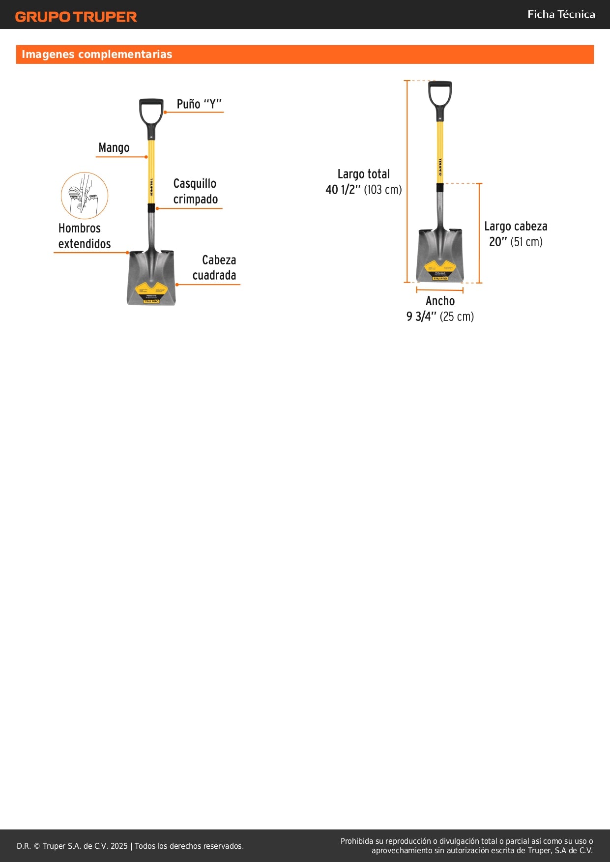 Pala Cuadrada Tru Pro Fibra de Vidrio PCY-F - Herramienta Profesional para Excavación Fácil y Cómoda con Puño Y Ergonómico