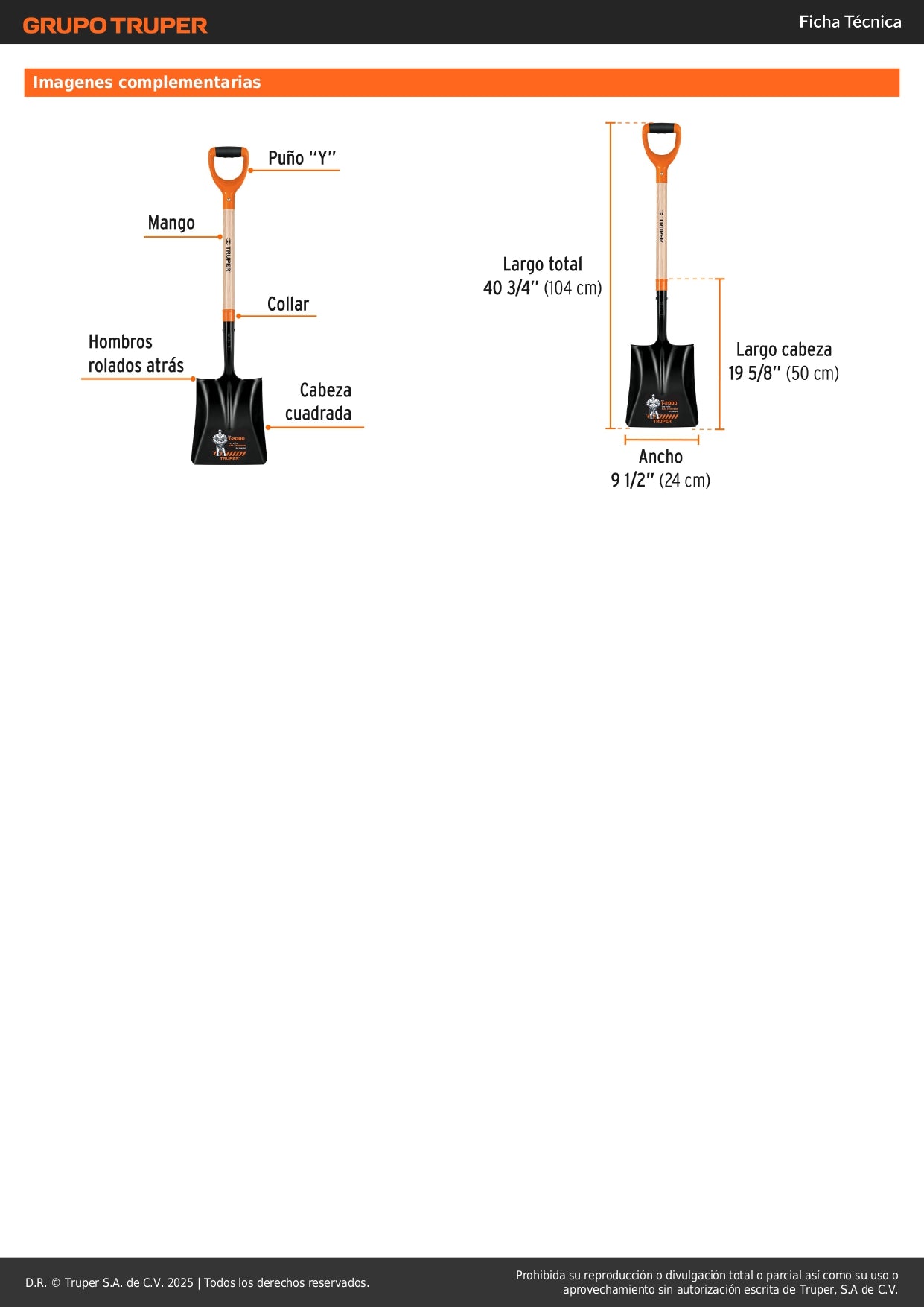 Pala Cuadrada Truper T-2000 Puño Y - Acero Carbono Reforzada para Excavación y Construcción Profesional
