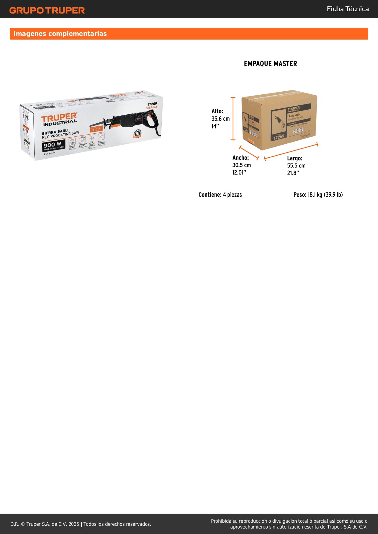 Sierra Sable TRUPER 900W Velocidad Variable SISA-N2 - Solución Profesional para Cortes Precisos en Metal, Madera y Construcción