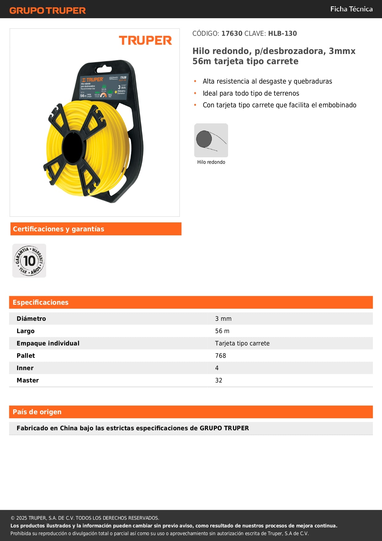 Hilo redondo, p/desbrozadora, 3mmx 56m tarjeta tipo carrete