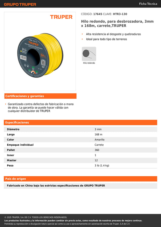 Hilo redondo, para desbrozadora, 3mm x 168m, carrete,TRUPER