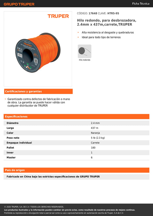 Hilo redondo, para desbrozadora, 2.4mm x 437m,carrete,TRUPER