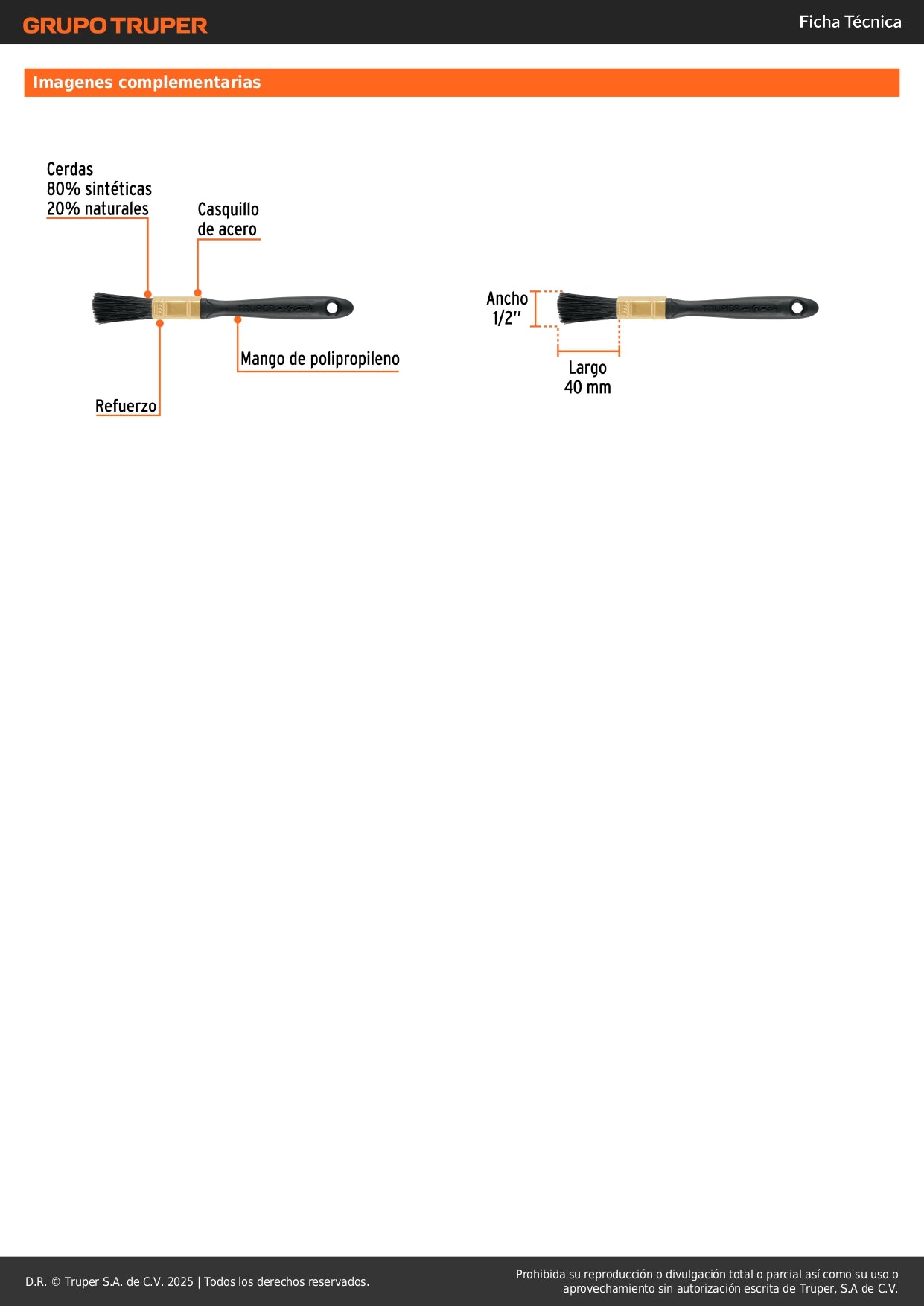 Brocha Profesional Truper Expert 1/2" - Cerdas Sintéticas y Naturales para Pintura Uniforme en Concreto, Metal, Estuco y Madera - BRT-1/2X